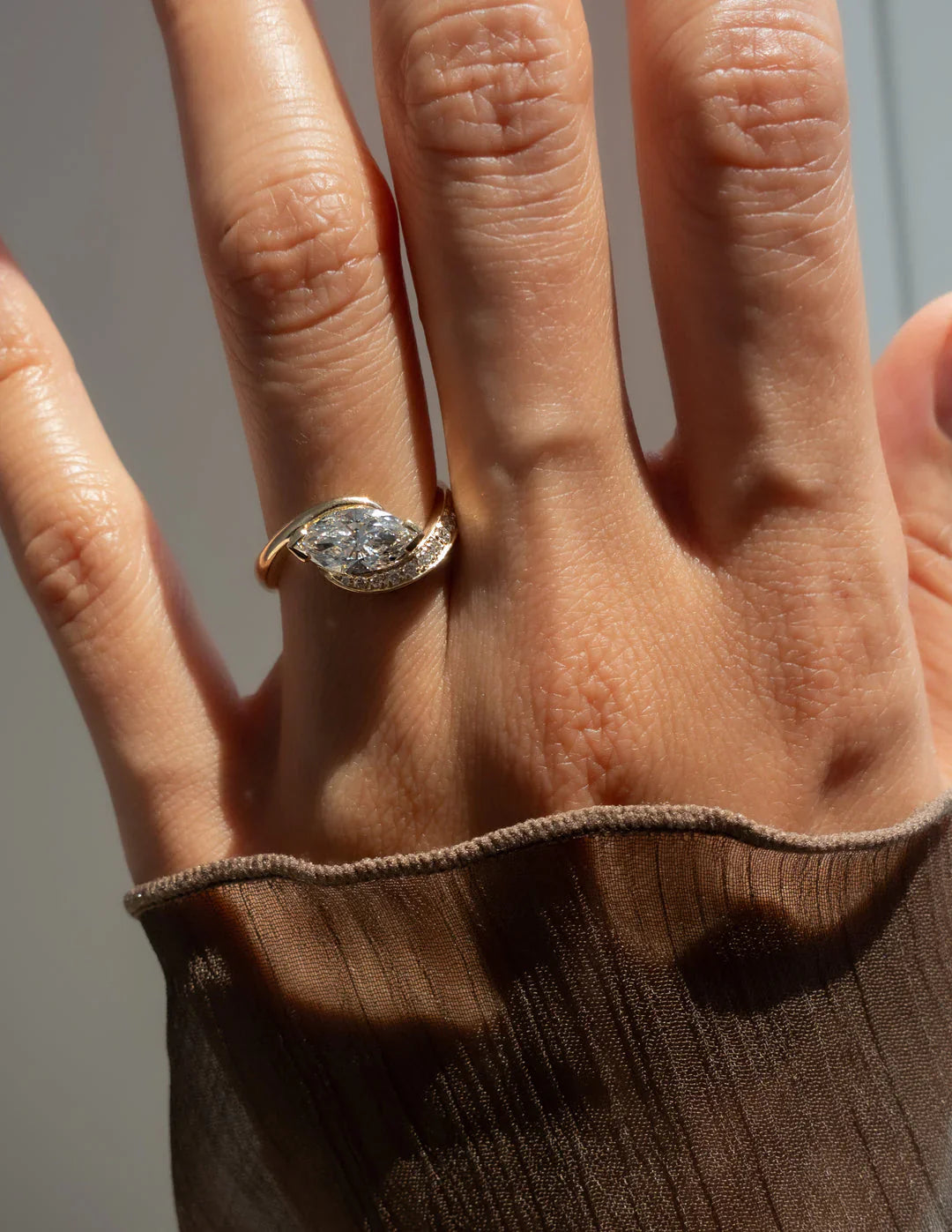 1.0CT Half Bezel Set Marquise Lab Grown Diamond Unique Ring With Band