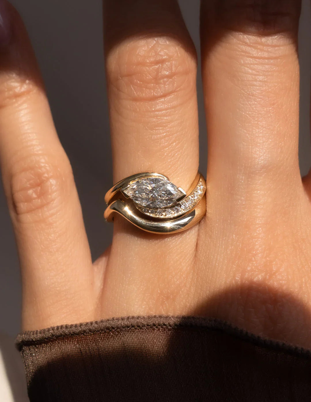 1.0CT Half Bezel Set Marquise Lab Grown Diamond Unique Ring With Band