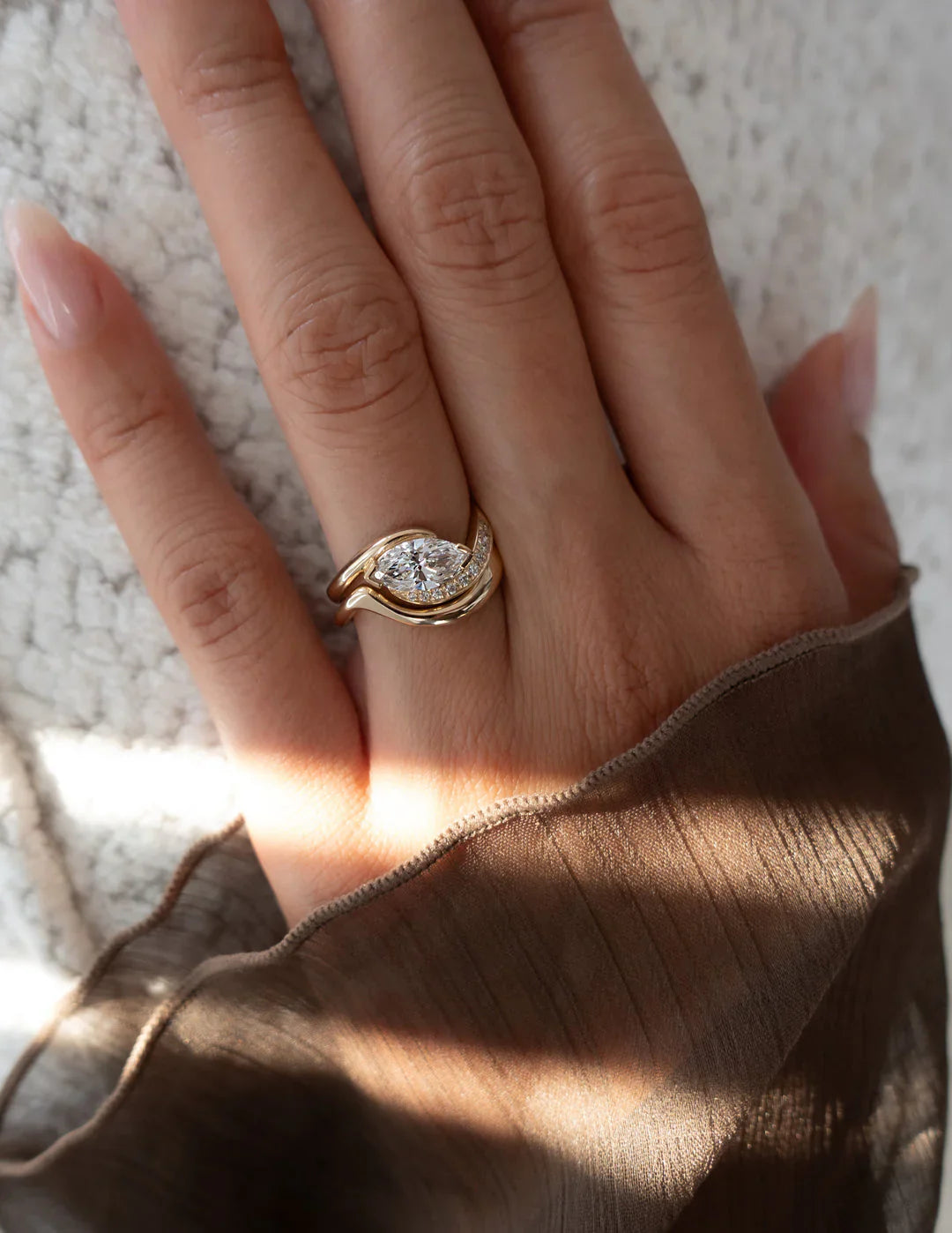 1.0CT Half Bezel Set Marquise Lab Grown Diamond Unique Ring With Band