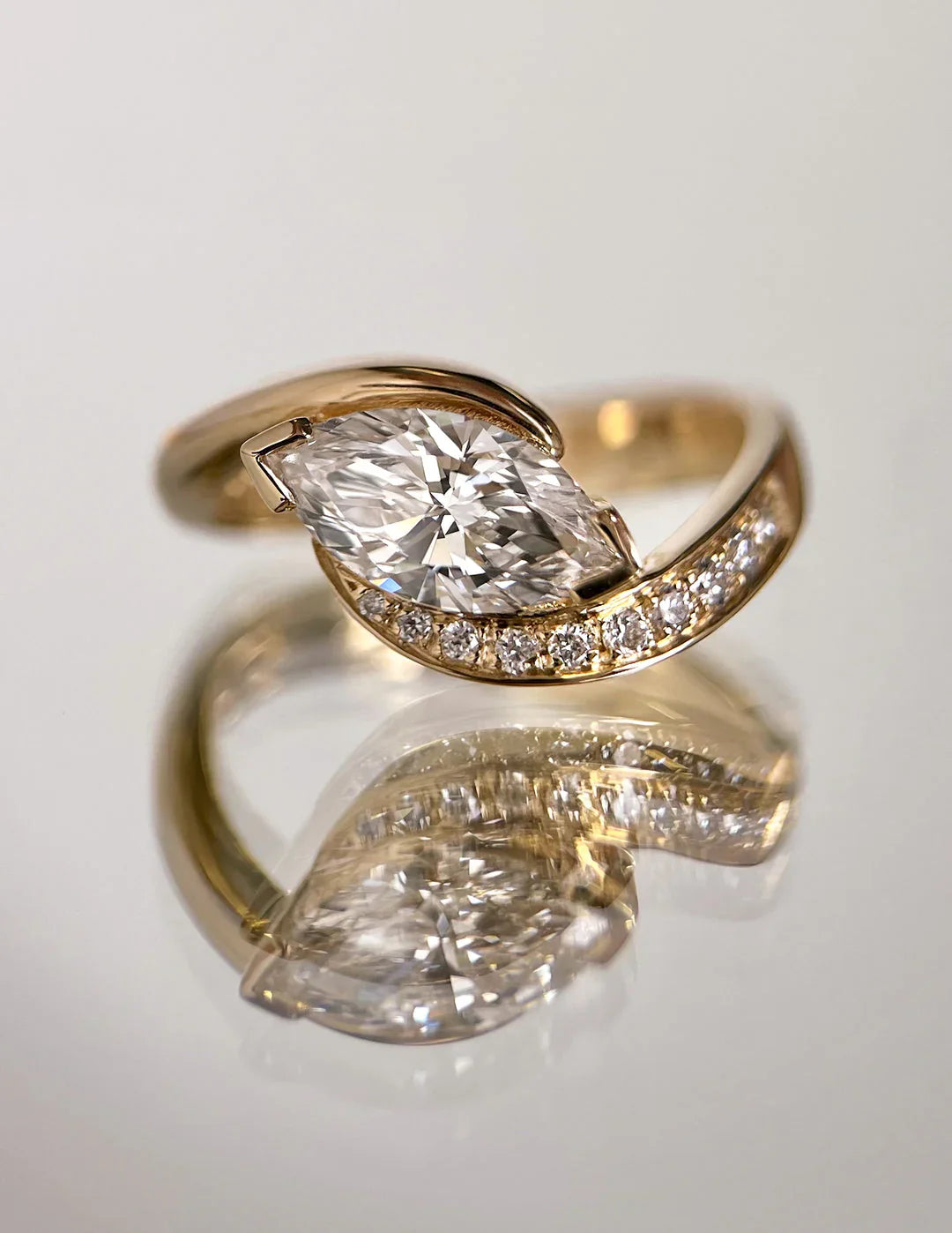 1.0CT Half Bezel Set Marquise Lab Grown Diamond Unique Ring With Band