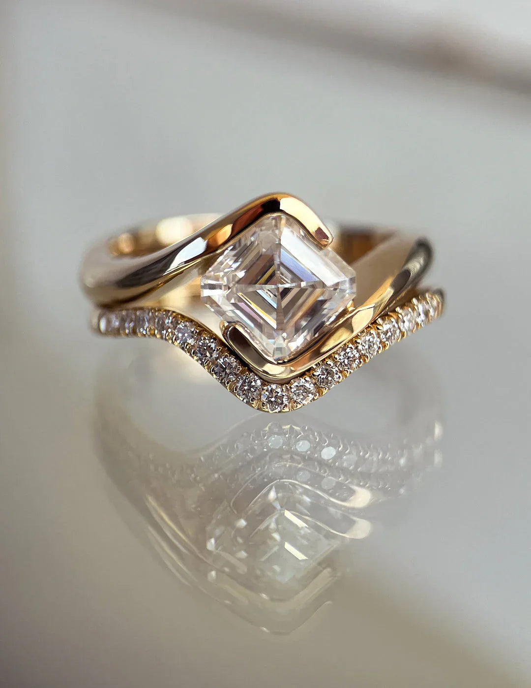 2.0CT Asscher Lab Grown Diamond By Pass Unique Ring With Band