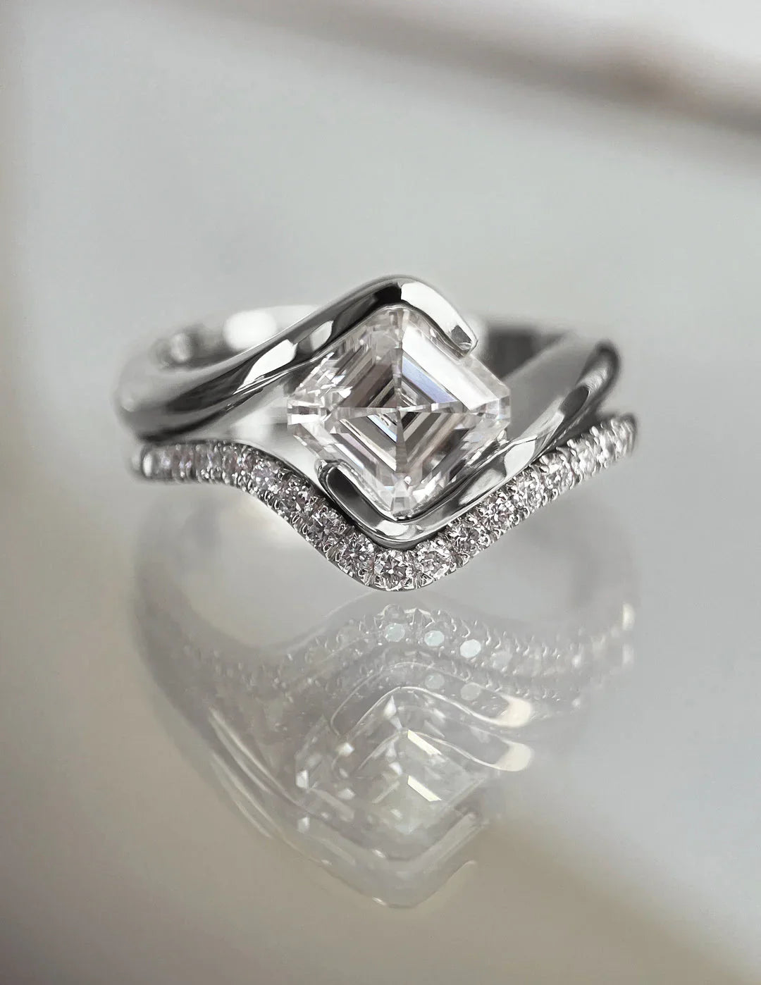 2.0CT Asscher Lab Grown Diamond By Pass Unique Ring With Band
