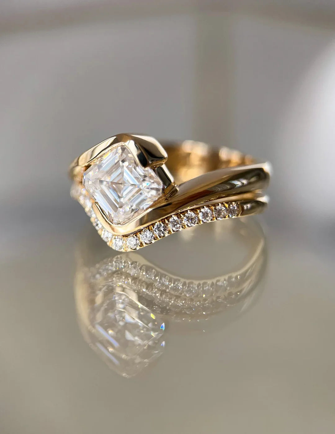 2.0CT Asscher Lab Grown Diamond By Pass Unique Ring With Band