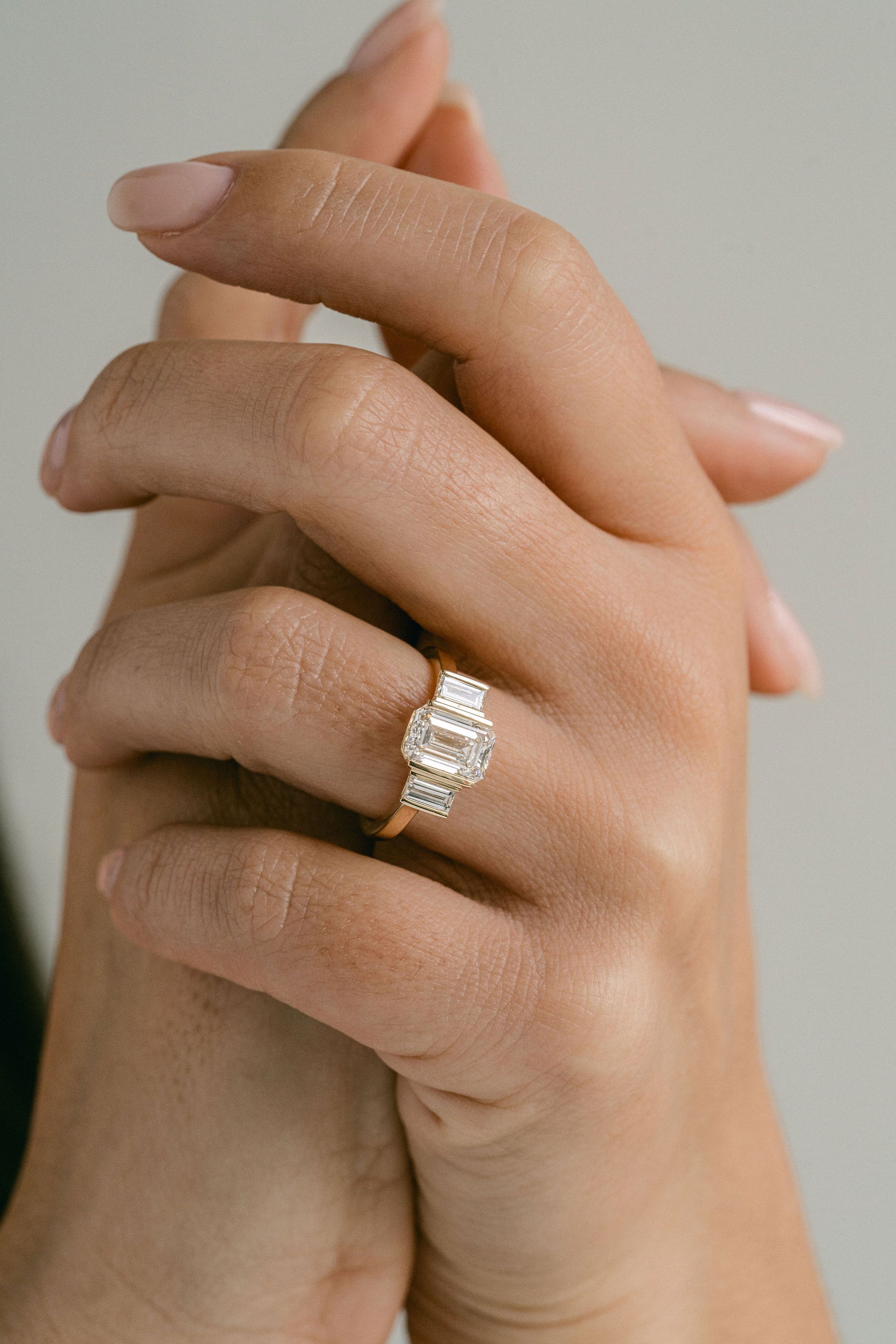 2.0CT Emerald Cut Lab Grown Diamond With Bar Set Baguette Three Stone Engagement Ring