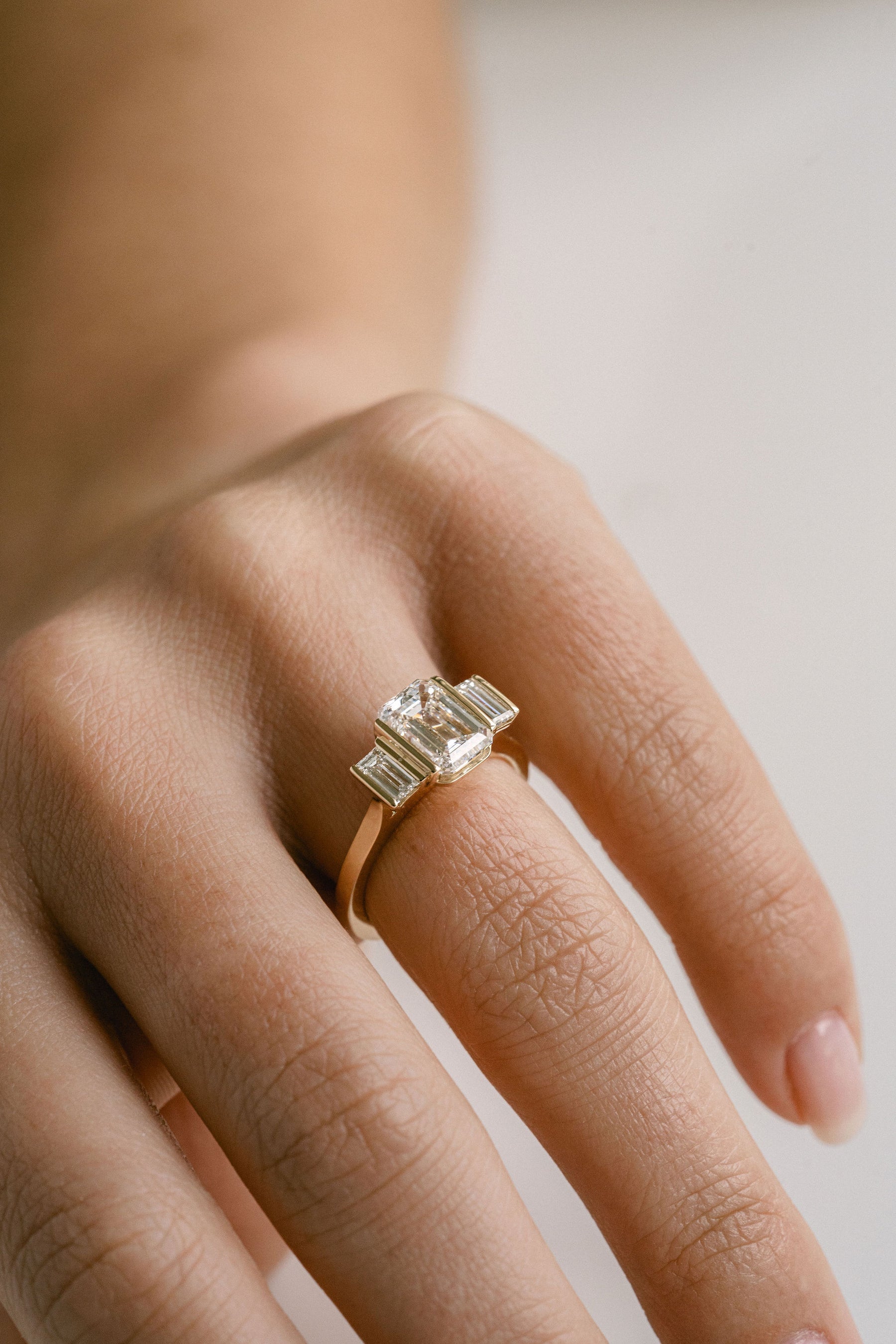 2.0CT Emerald Cut Lab Grown Diamond With Bar Set Baguette Three Stone Engagement Ring