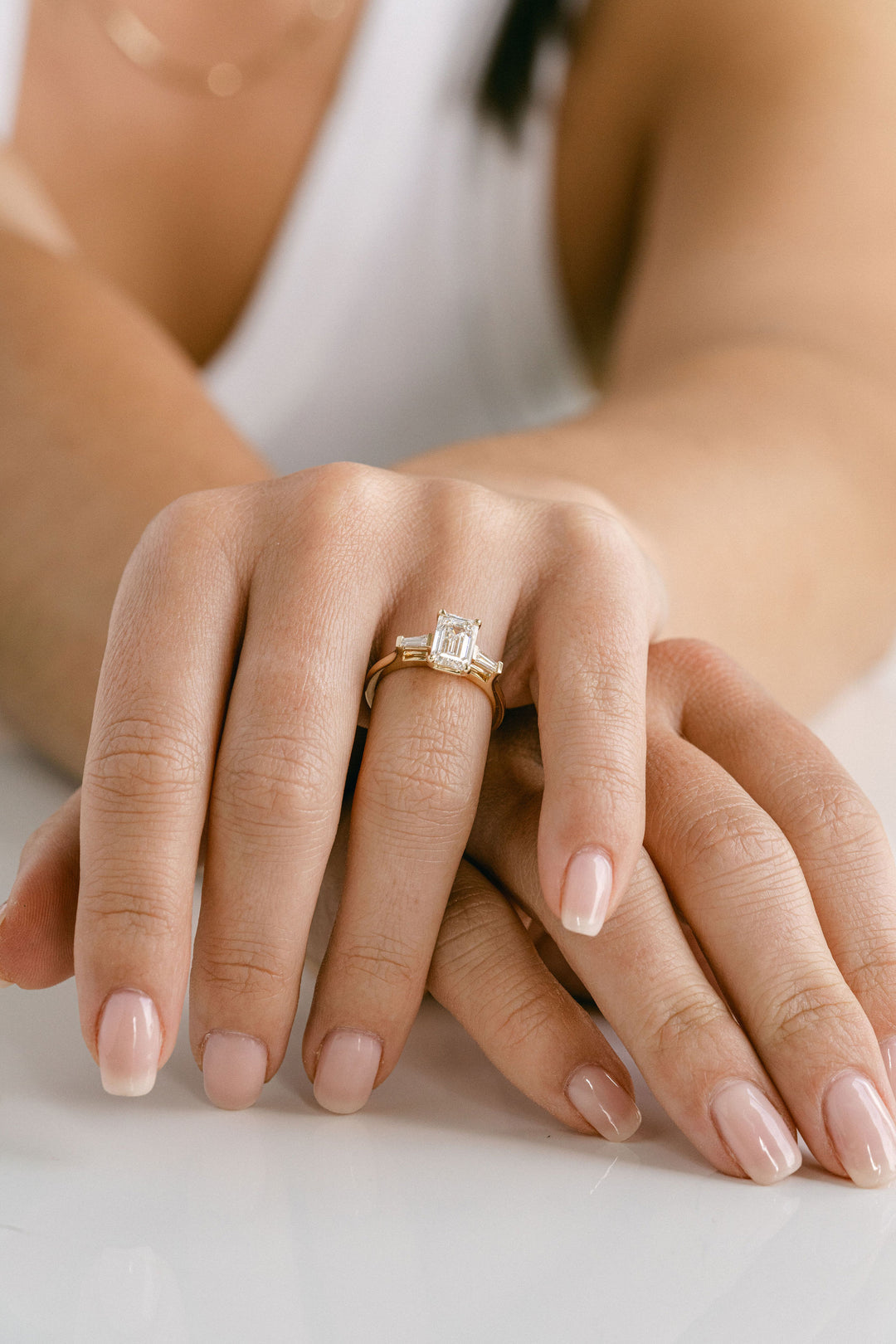 2.0CT Emerald Cut Lab Grown Diamond Three Stone Engagement Ring
