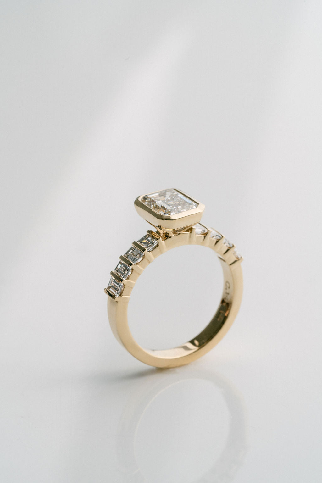 2.0CT Bezel Set Emerald Cut With Bar Set Baguette Lab Diamond 3mm Band Engagement Ring