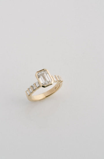 2.0CT Bezel Set Emerald Cut With Bar Set Baguette Lab Diamond 3mm Band Engagement Ring