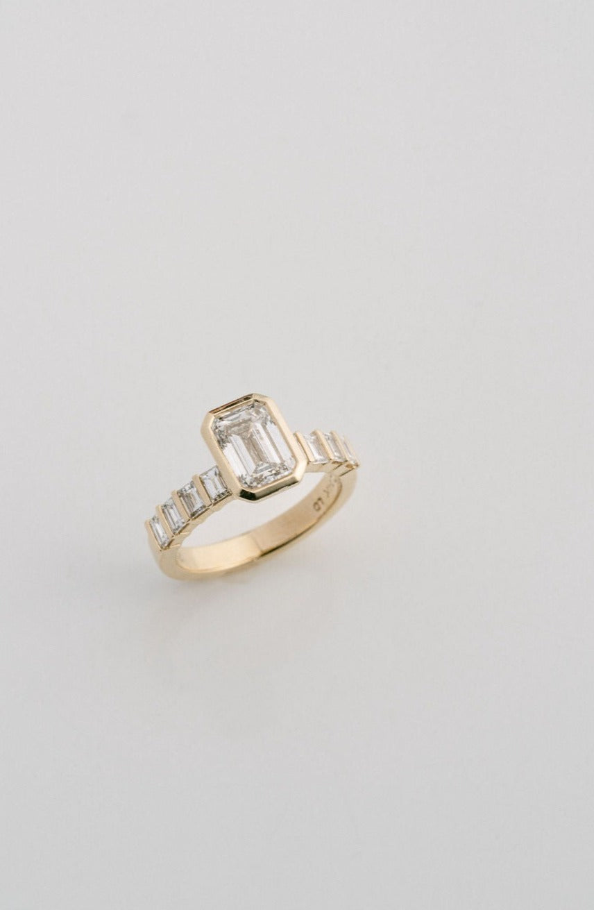 3.0CT Bezel Set Emerald Cut With Bar Set Baguette Lab Diamond 5mm Band Engagement Ring
