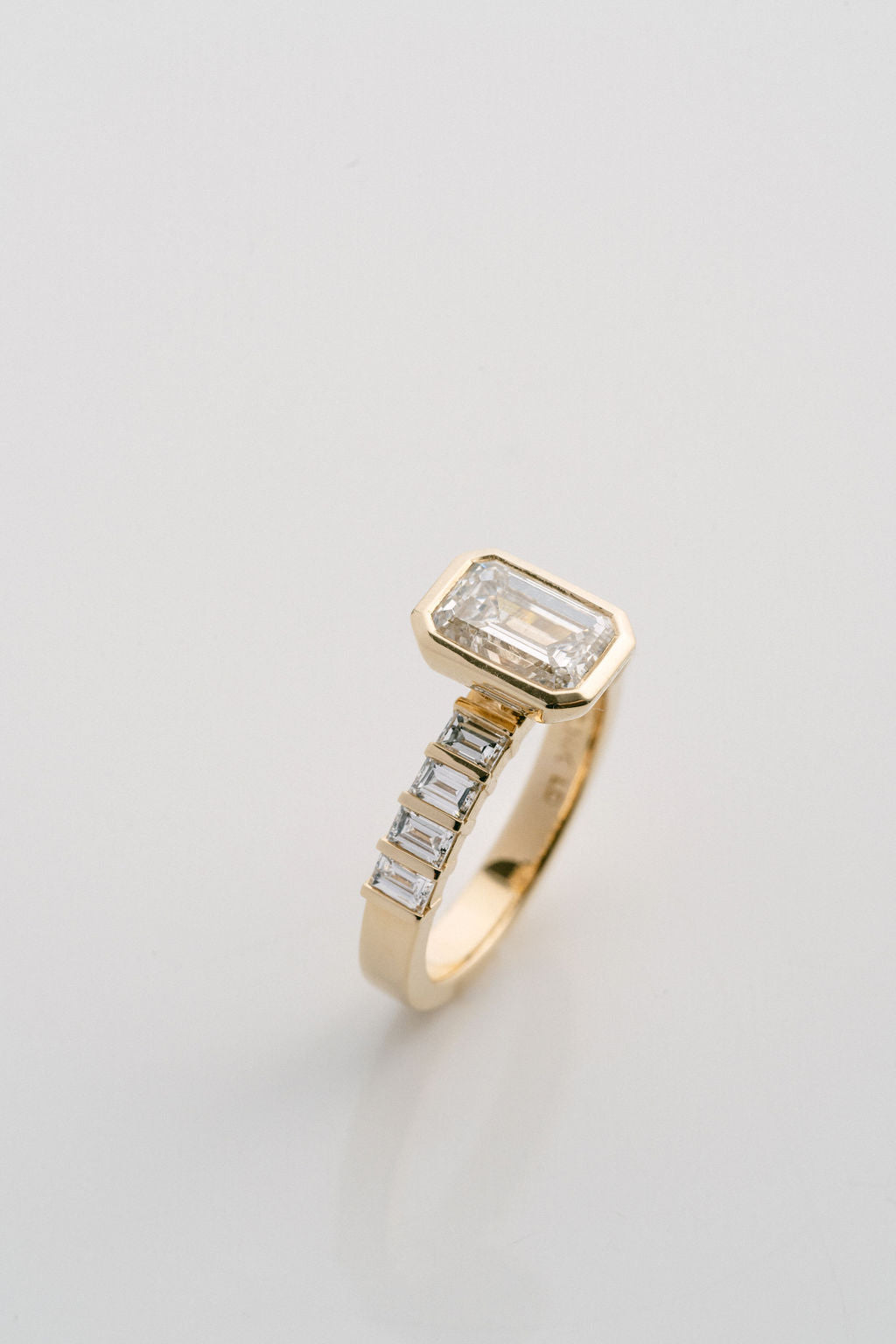 2.0CT Bezel Set Emerald Cut With Bar Set Baguette Lab Diamond 3mm Band Engagement Ring