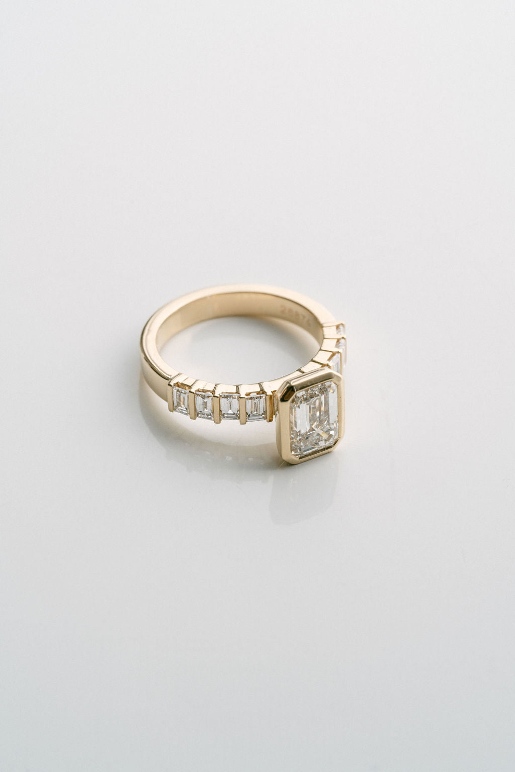 2.0CT Bezel Set Emerald Cut With Bar Set Baguette Lab Diamond 3mm Band Engagement Ring