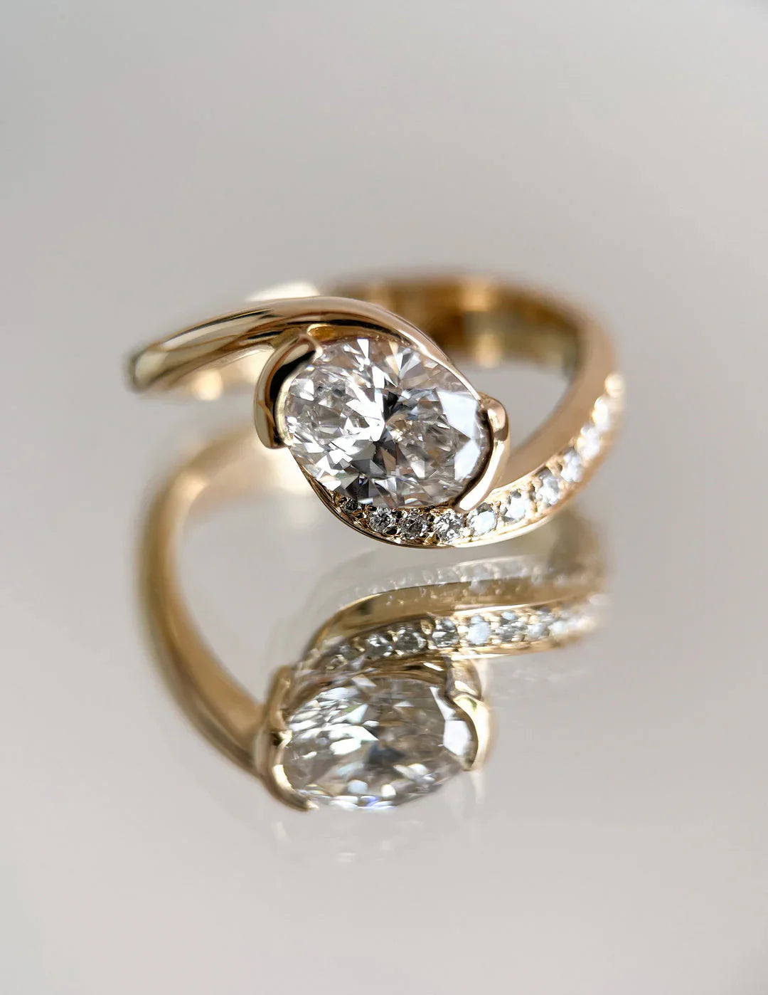 1.0CT Oval Lab Grown Diamond By Pass Unique Ring With Band