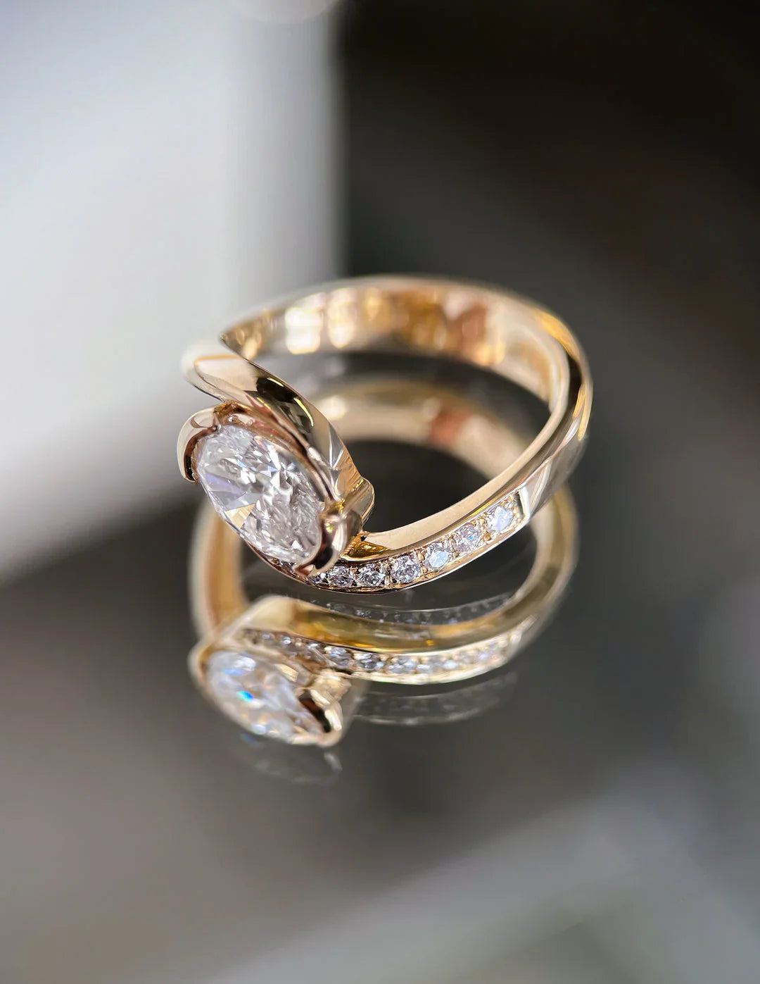 1.0CT Half Bezel Set Oval Lab Grown Diamond Unique Ring With Band