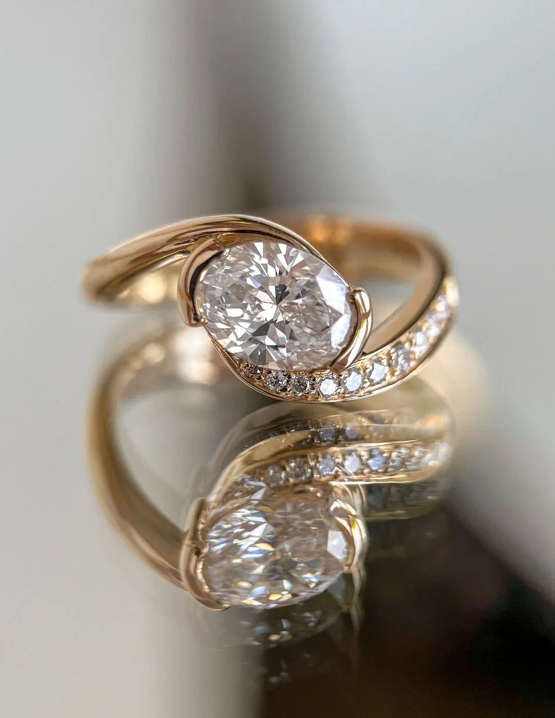 1.0CT Half Bezel Set Oval Lab Grown Diamond Unique Ring With Band