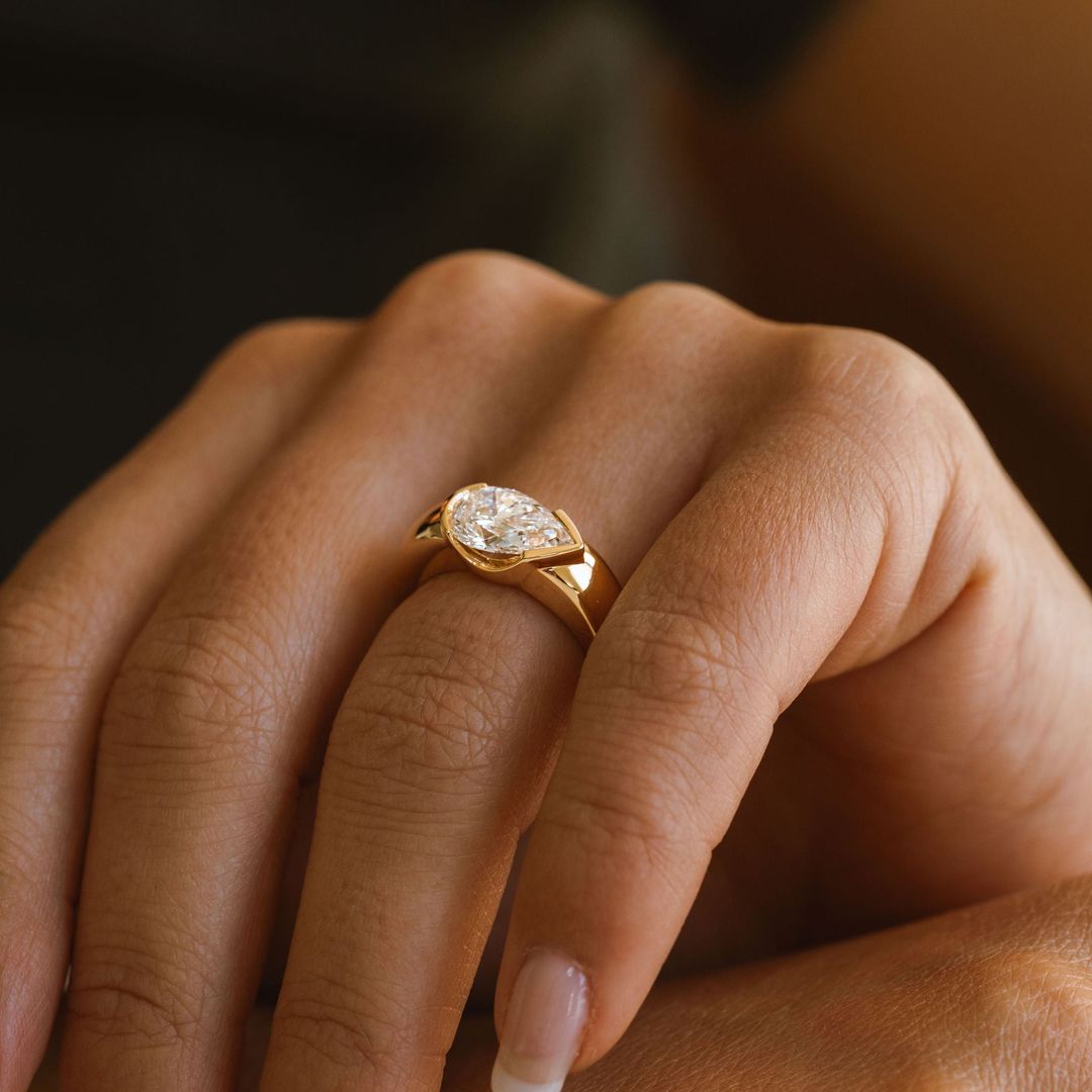 2.0CT Half Bezel East West Pear Lab Grown Diamond Signet Ring
