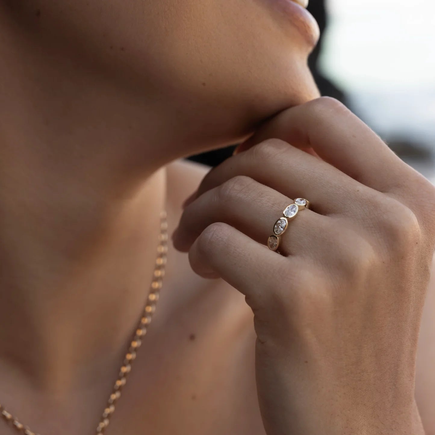 Horizontal Oval Lab Grown Diamond Bezel Wedding Band