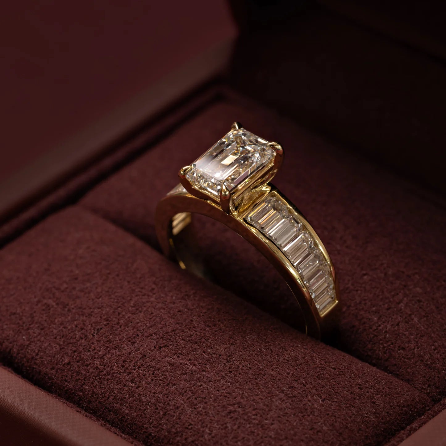 1.50CT Emerald Cut Lab Grown Diamond Channel Set Baguette Band Engagement Ring