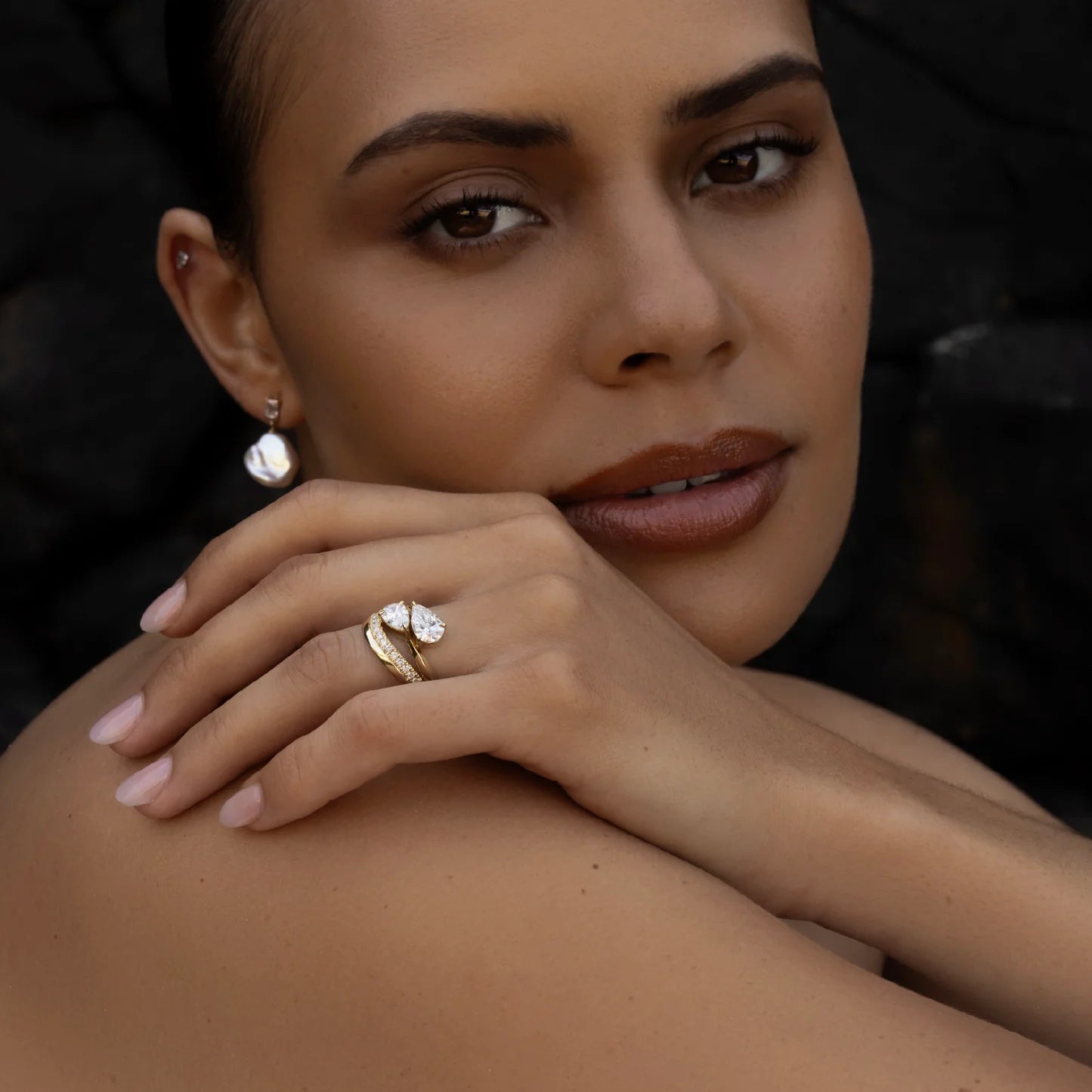 Round Lab Grown Diamond One Side Pave Curved Wedding Band