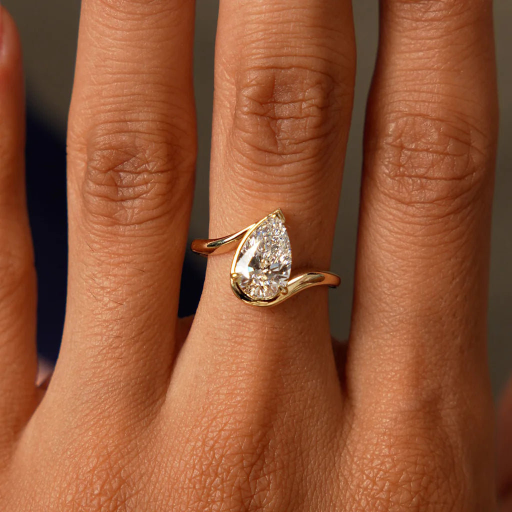 1.50CT Half Bezel Set Pear Lab Grown Diamond Bypass Engagement Ring