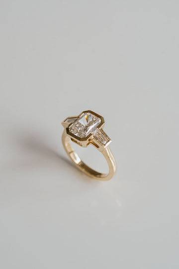 2.50CT Bezel Set Radiant Lab Grown Diamond Three Stone Engagement Ring