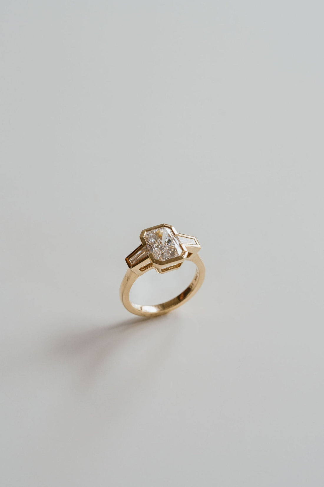 2.50CT Bezel Set Radiant Lab Grown Diamond Three Stone Engagement Ring