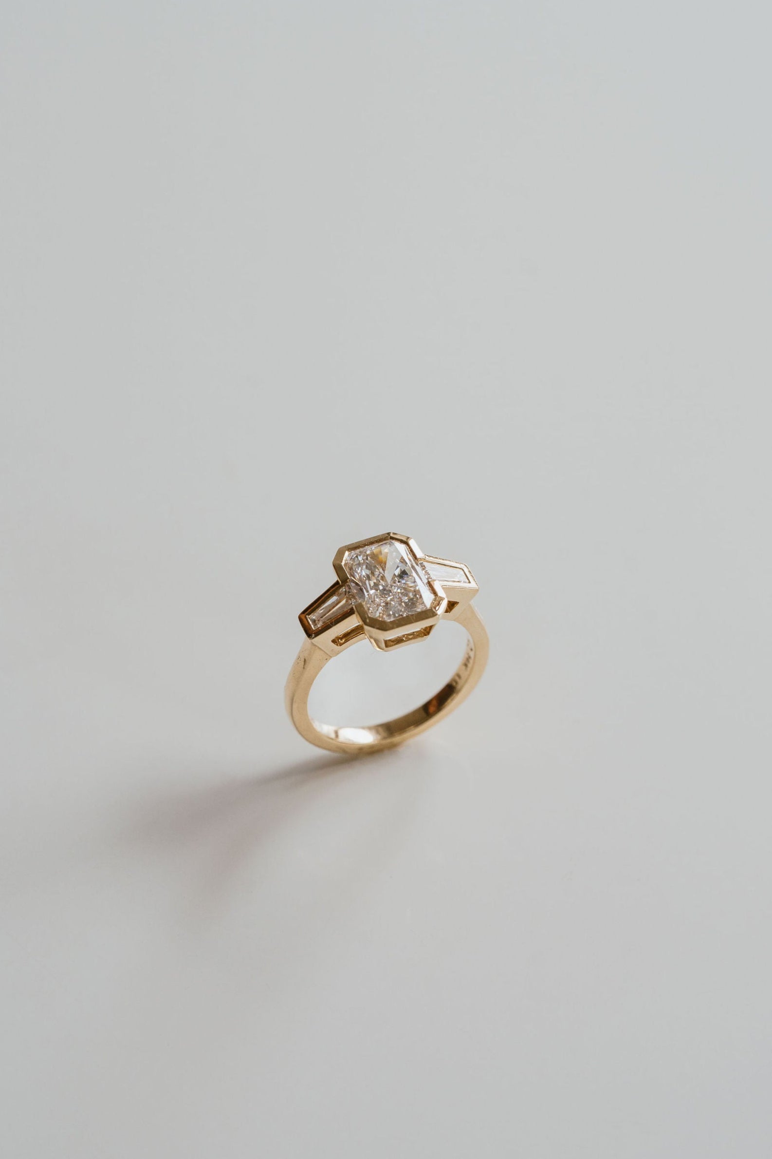 2.50CT Bezel Set Radiant Lab Grown Diamond Three Stone Engagement Ring