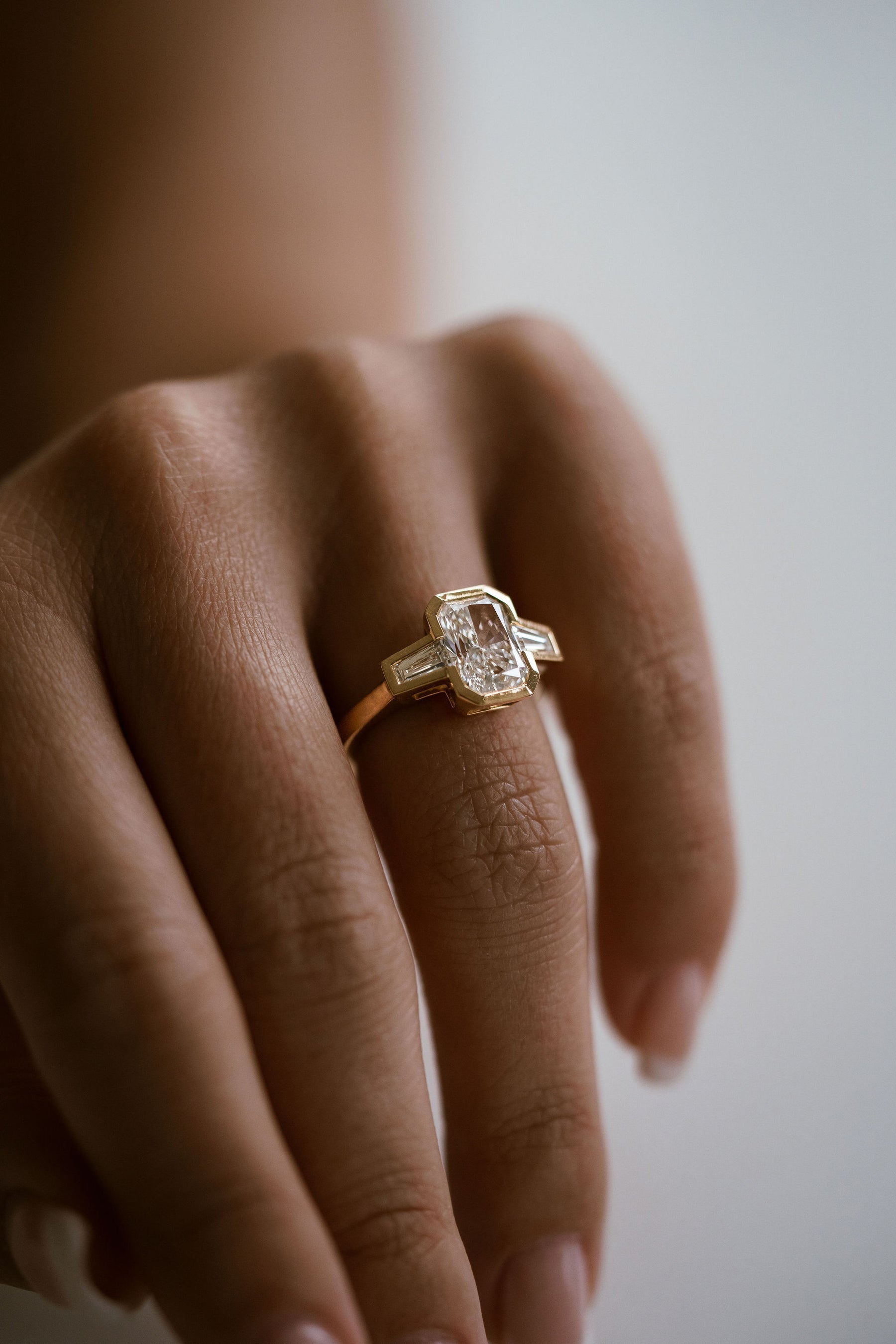 2.50CT Bezel Set Radiant Lab Grown Diamond Three Stone Engagement Ring