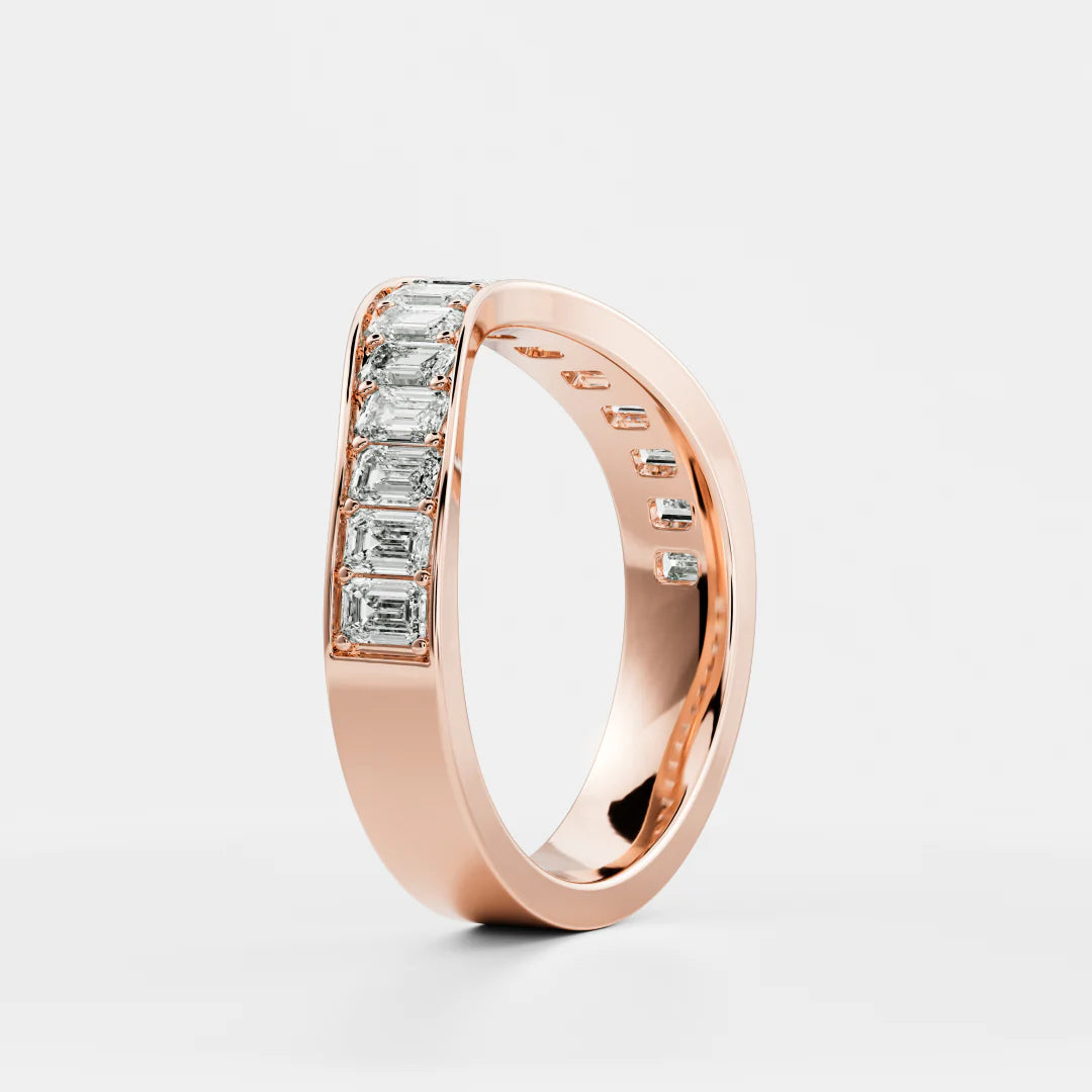 Channel Set Emerald Cut Lab Grown Diamond Curved Wedding Band