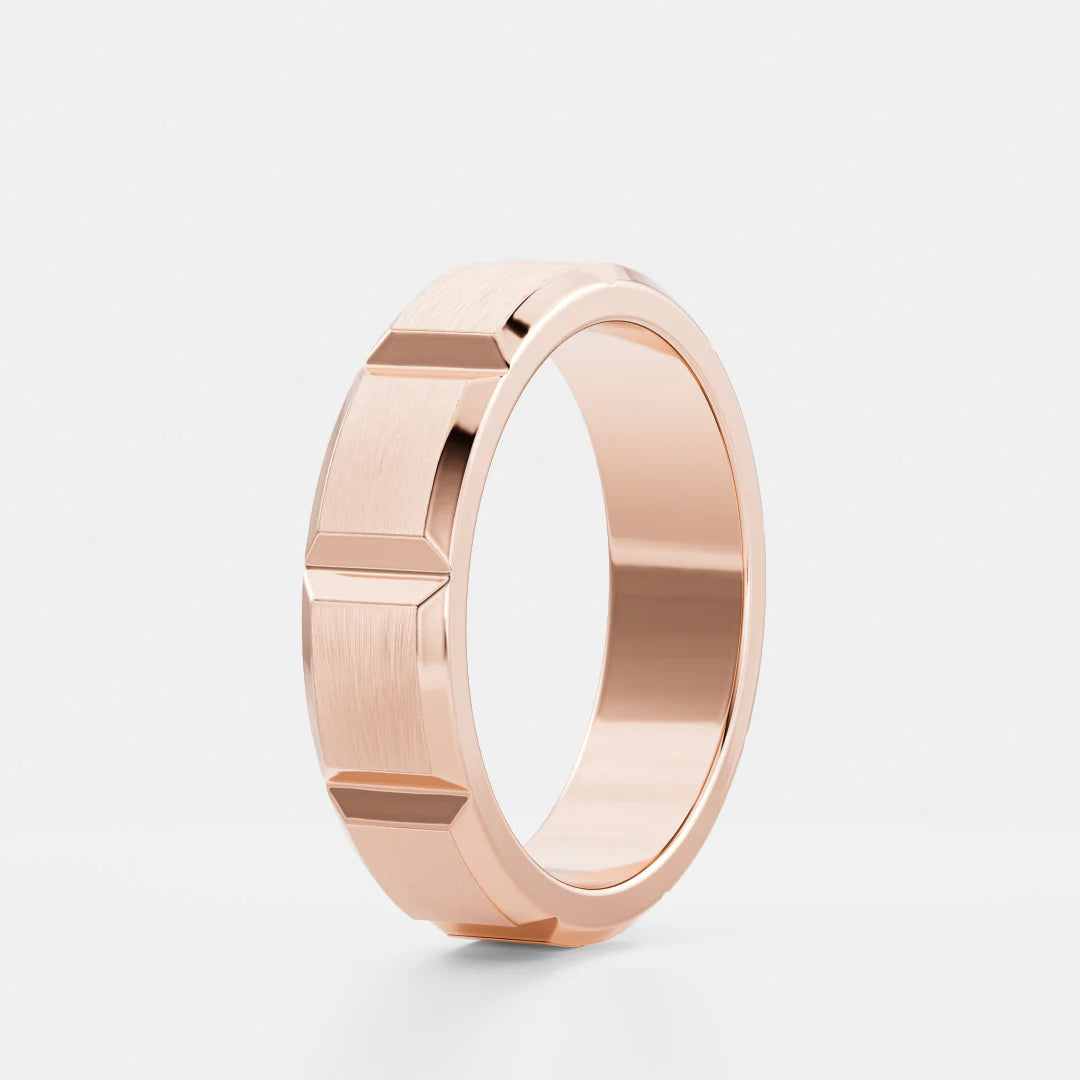 14K Solid Gold Geometric Faceted Brushed Men's Wedding Band