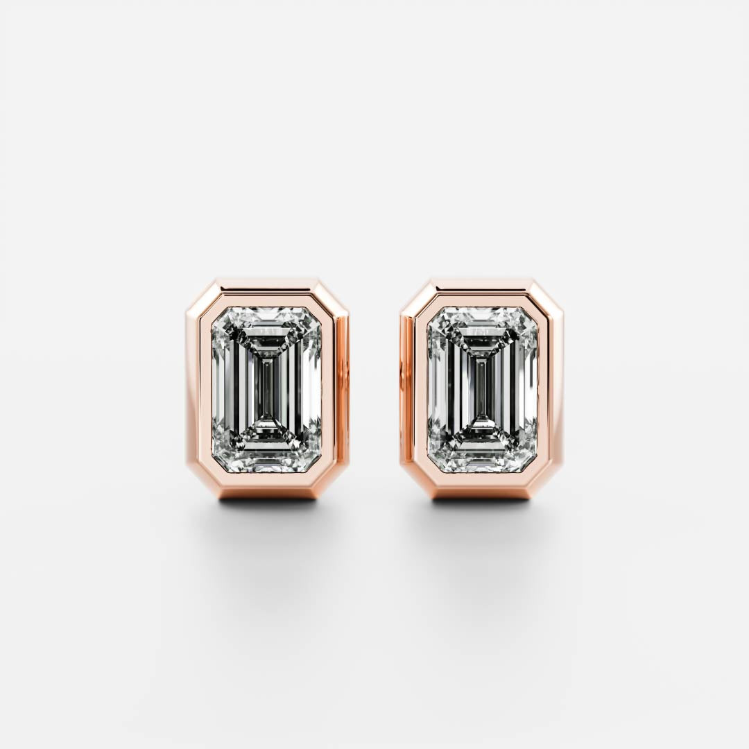 Lab Grown Diamond Stud - Emerald Cut Bezel Earrings