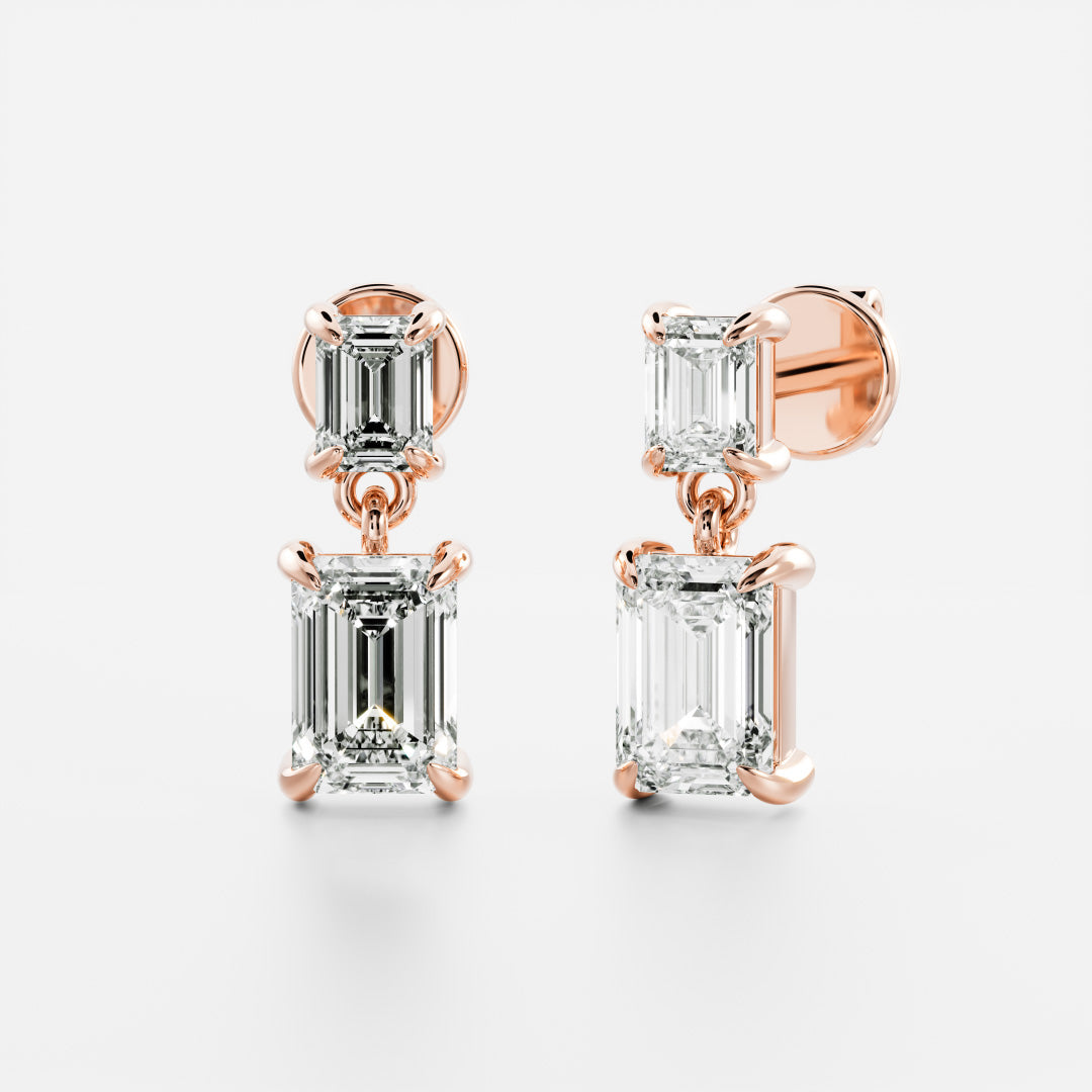Emerald Cut Lab Grown Diamond Double Drop Earrings