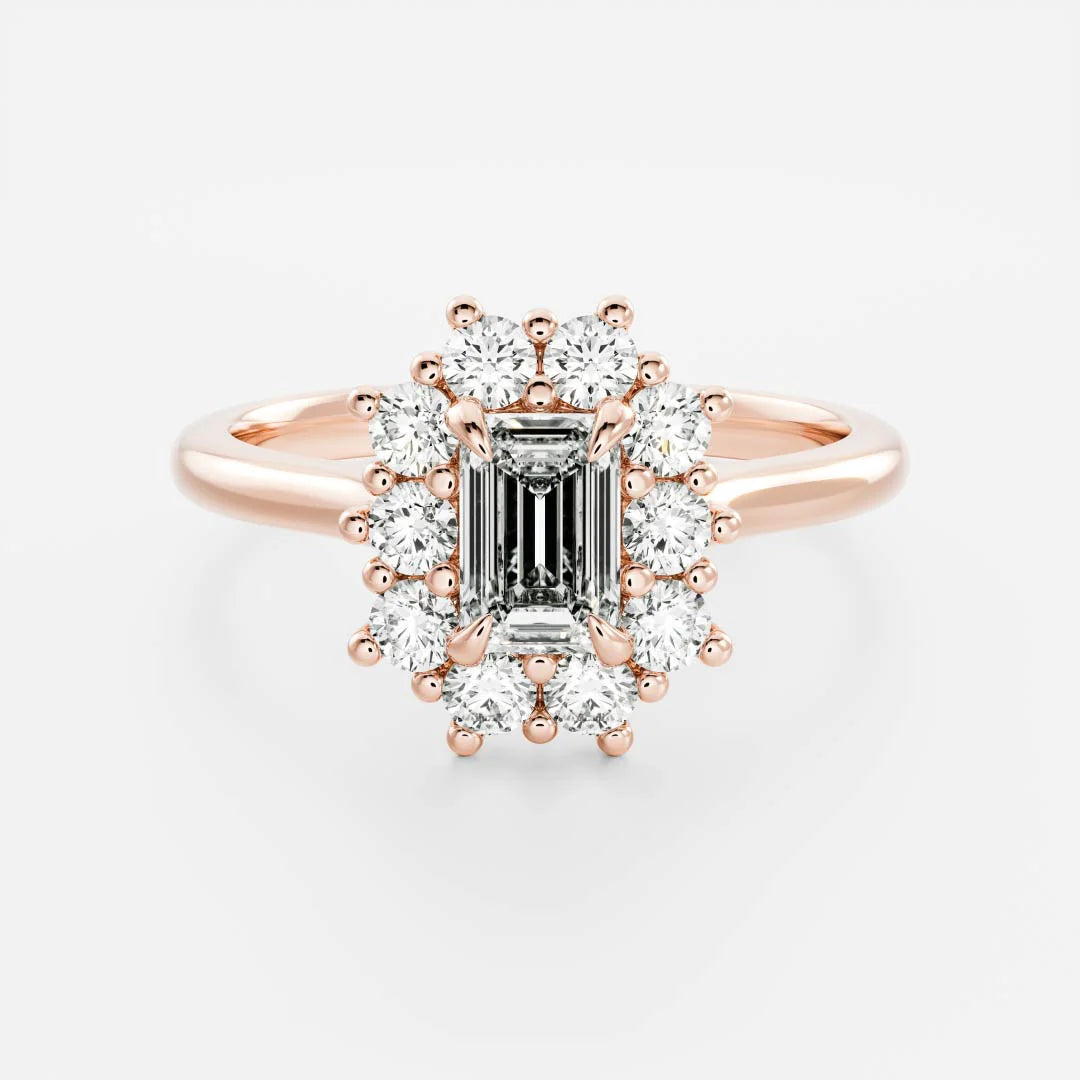 1.0CT Emerald Cut Lab Grown Diamond Halo Cluster Engagement Ring