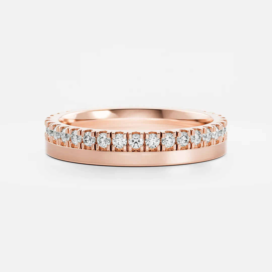 Round Lab Grown Diamond One Side Pave Flat Wedding Band