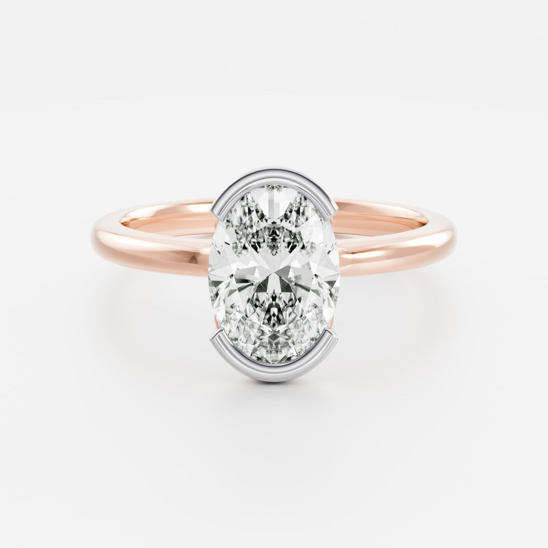 2.0CT Half Bezel Set Oval Lab Grown Diamond Solitaire Engagement Ring