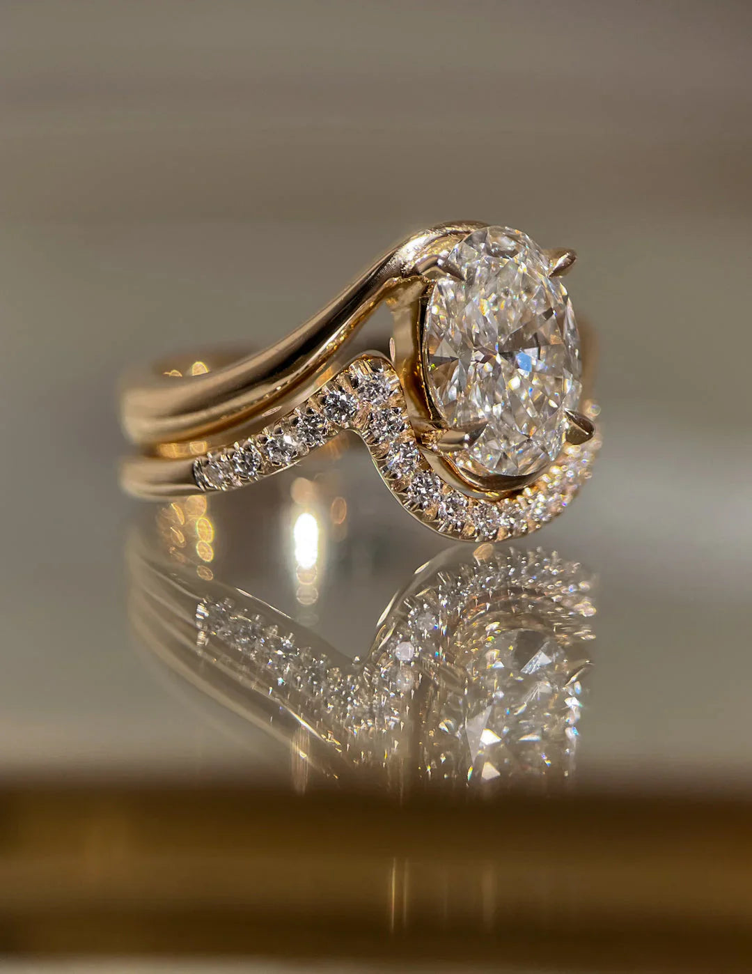 2.0CT Oval Lab Grown Diamond By Pass Unique Ring With Band