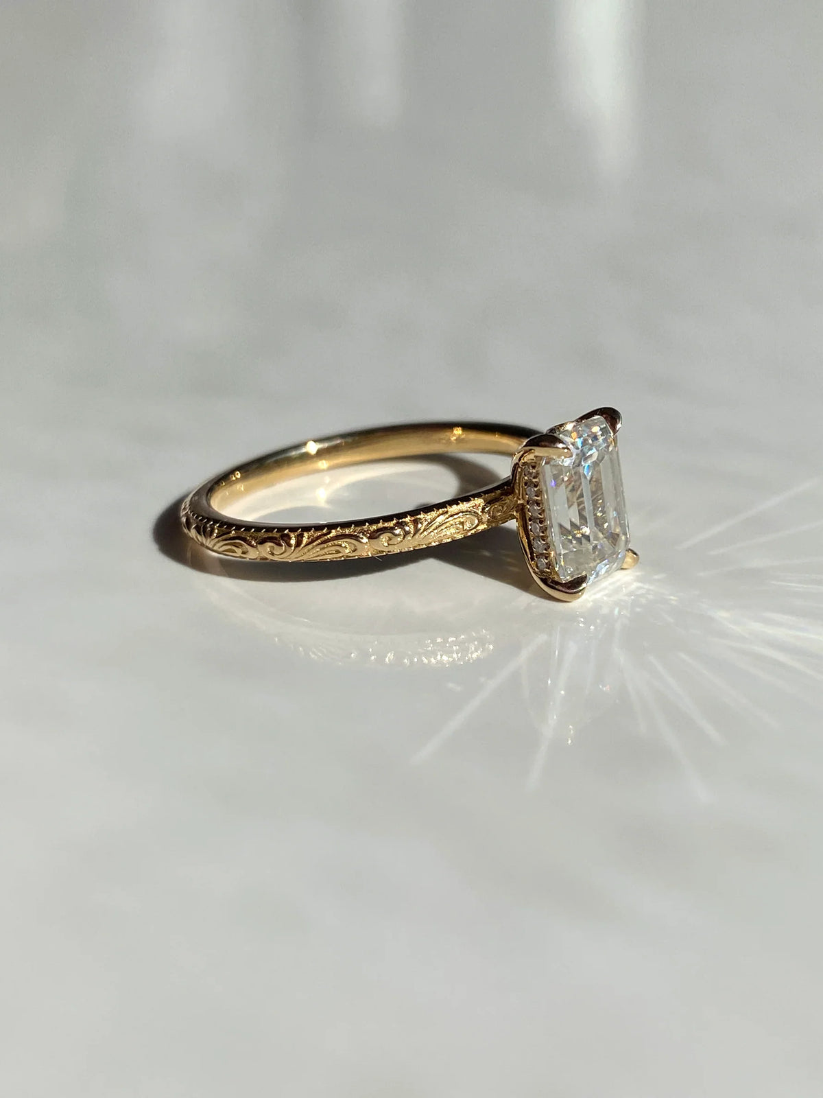 2.0CT Emerald Cut Lab Grown Diamond Scroll Engraved Hidden Halo Engagement Ring