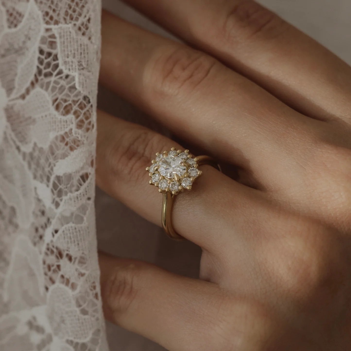 1.0CT Oval Lab Grown Diamond Halo Cluster Engagement Ring