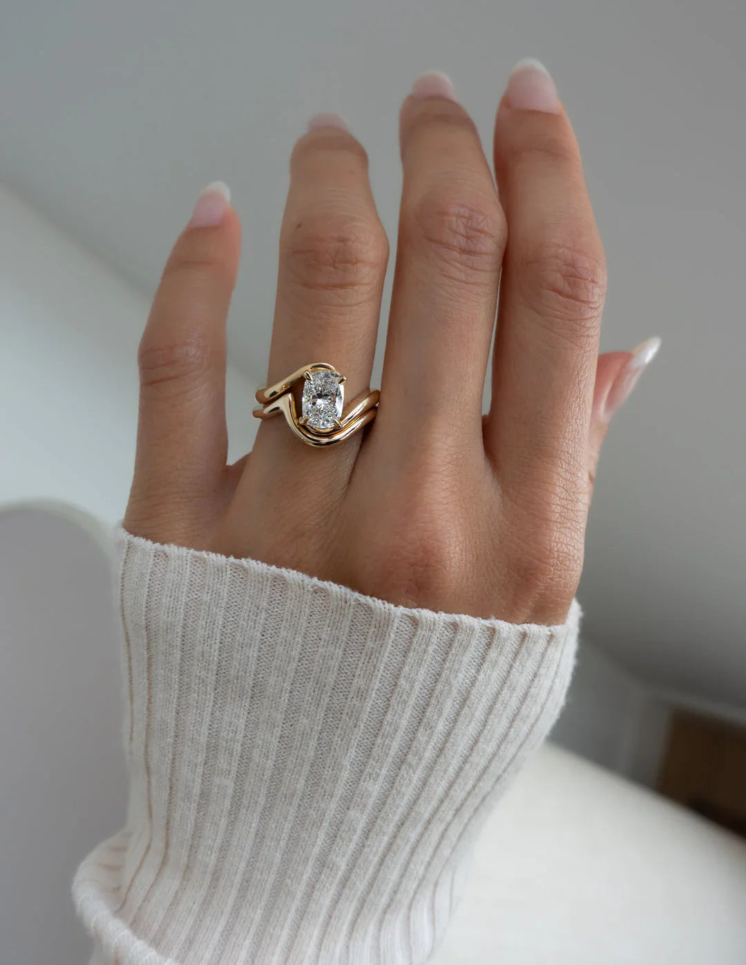 1.50CT Elongated Cushion Lab Grown Diamond Unique Ring With Curved Band