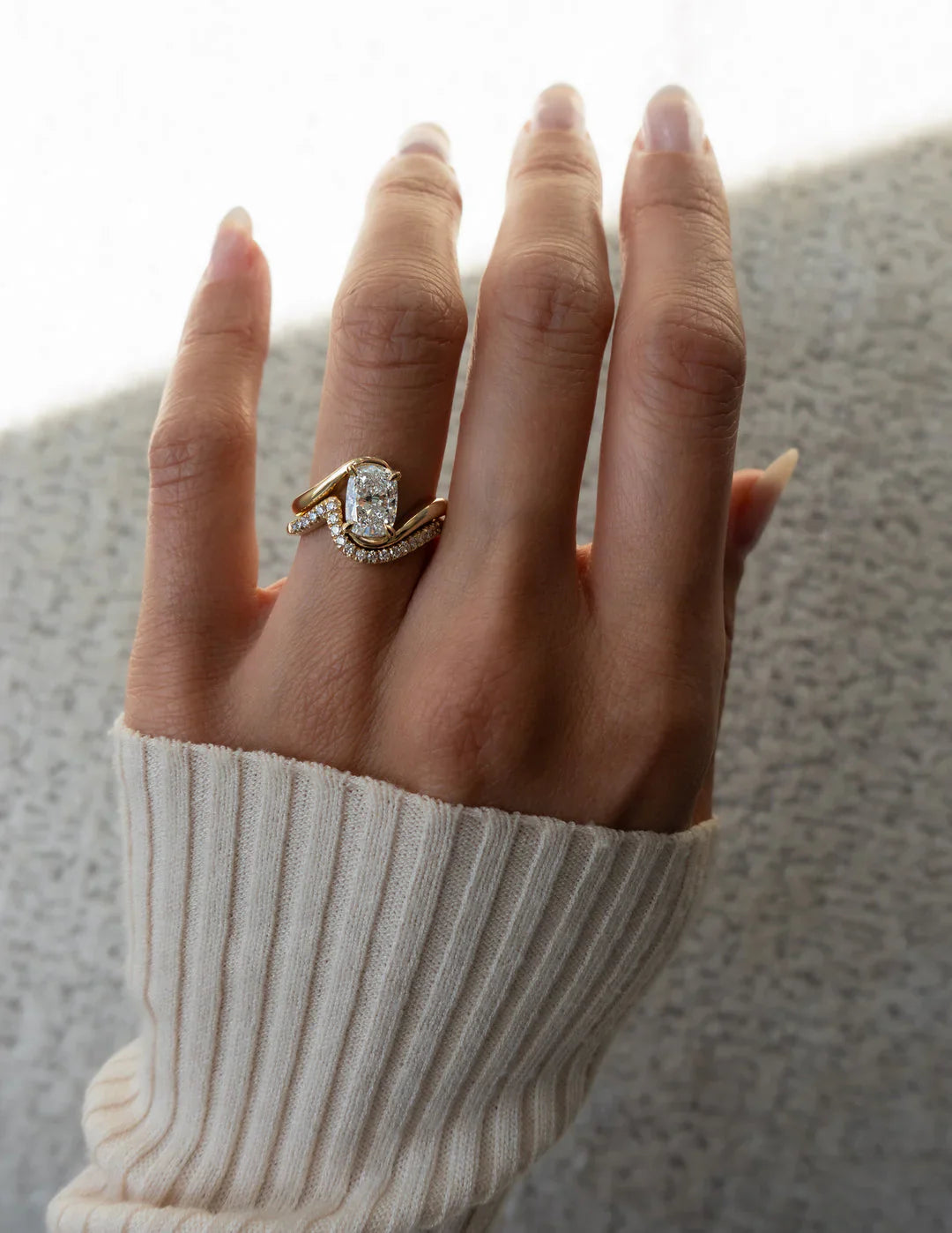 1.50CT Elongated Cushion Lab Grown Diamond By Pass Unique Ring With Band