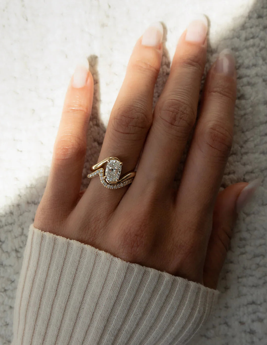 1.50CT Elongated Cushion Lab Grown Diamond By Pass Unique Ring With Band