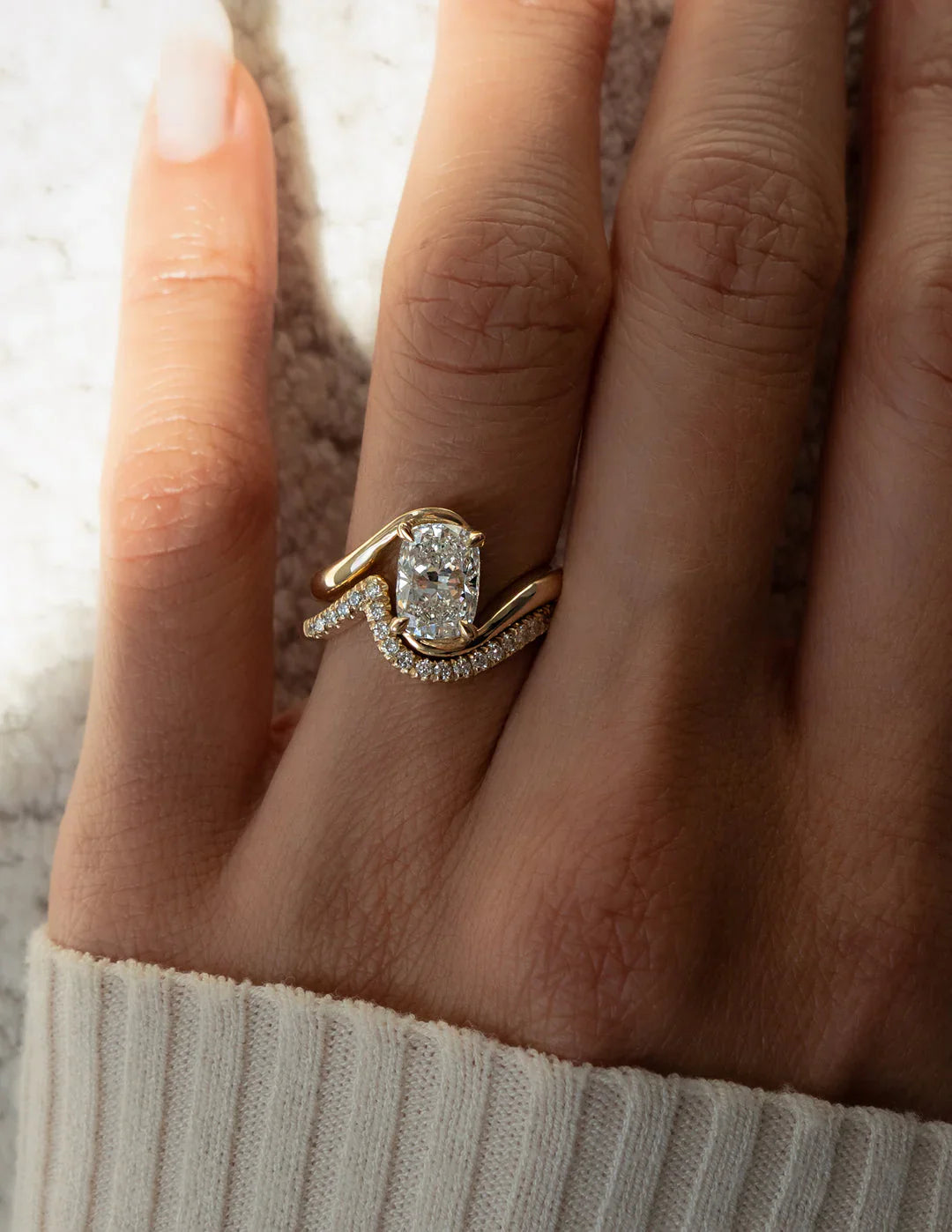 1.50CT Elongated Cushion Lab Grown Diamond By Pass Unique Ring With Band