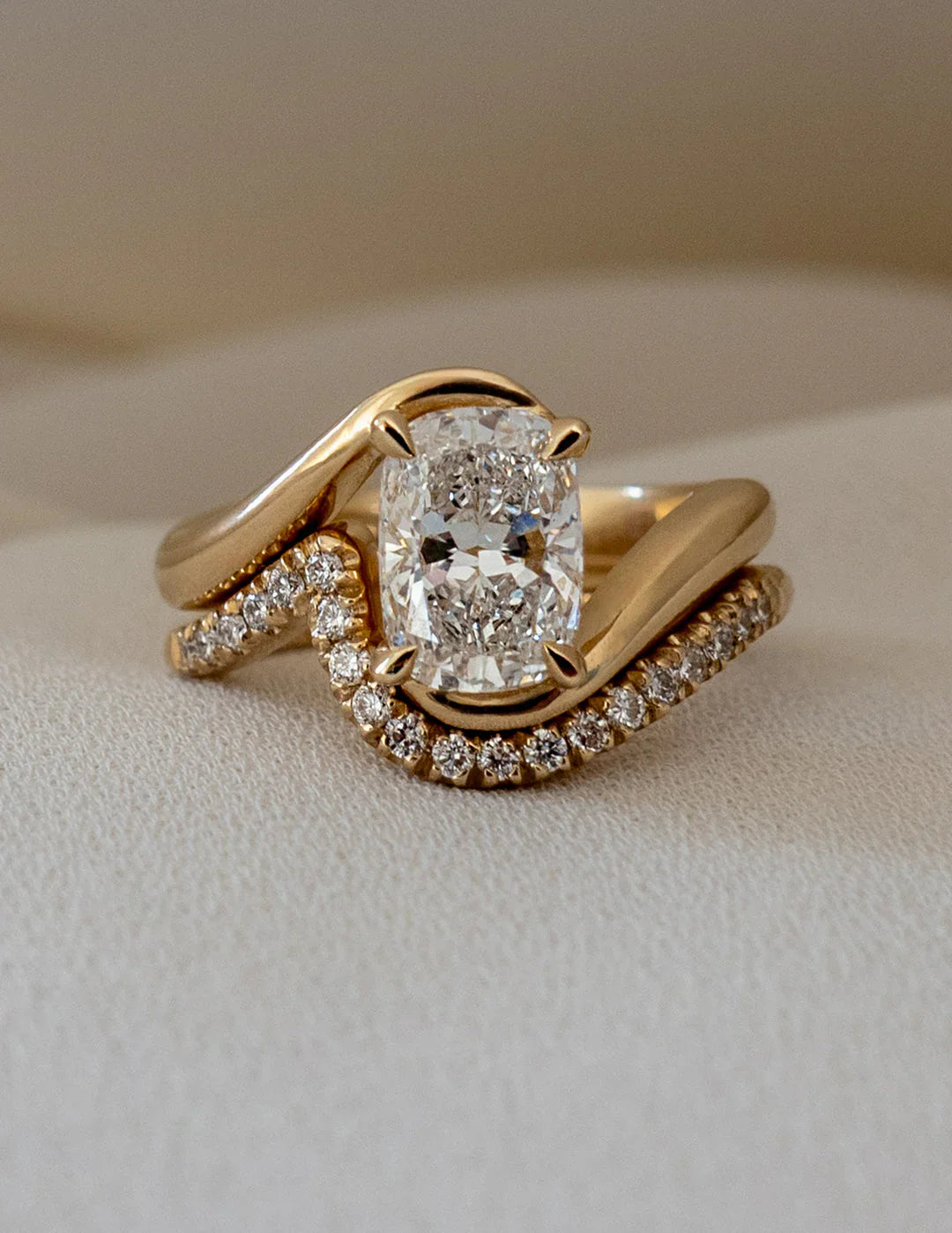 1.50CT Elongated Cushion Lab Grown Diamond By Pass Unique Ring With Band