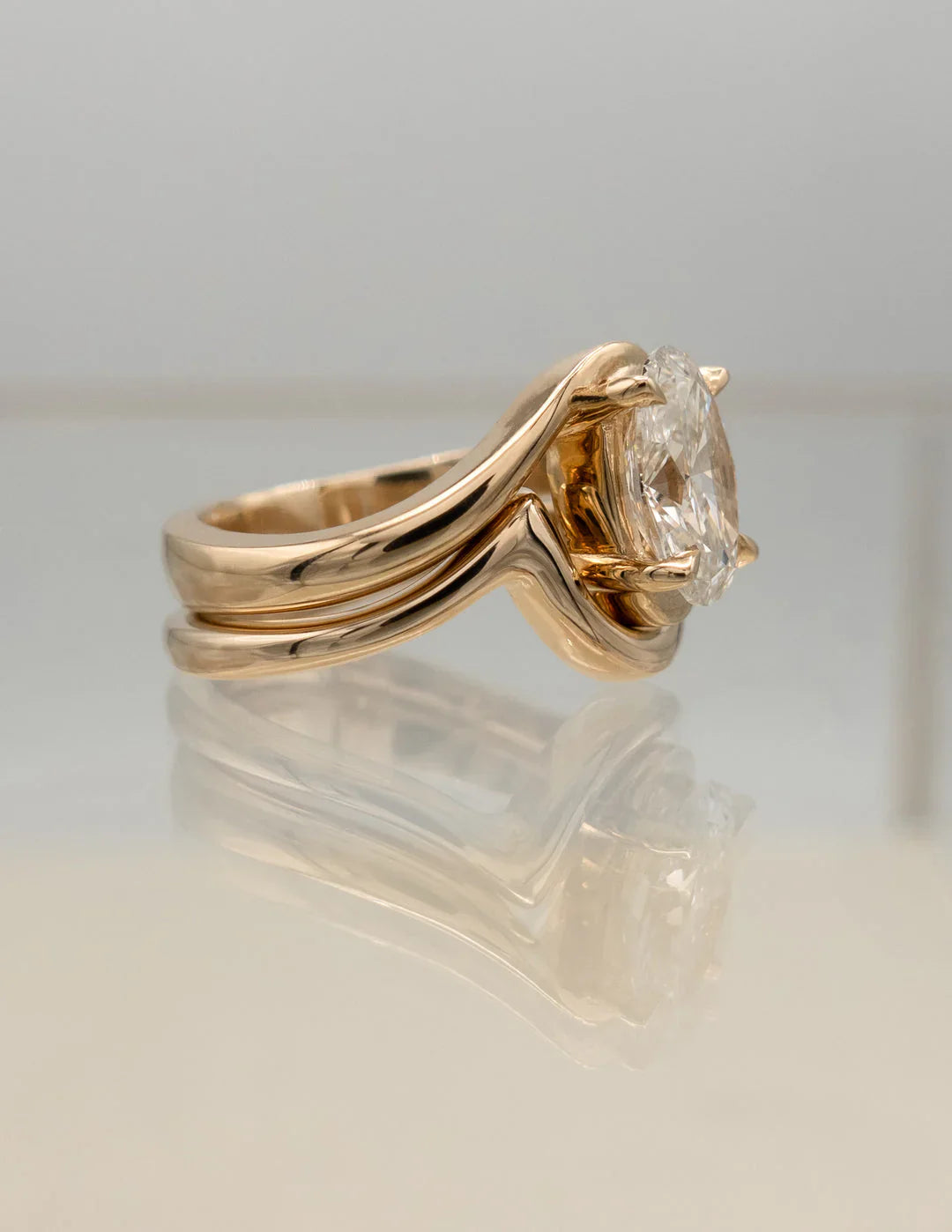 2.0CT Oval Lab Grown Diamond Unique Ring With Matching Curved Band