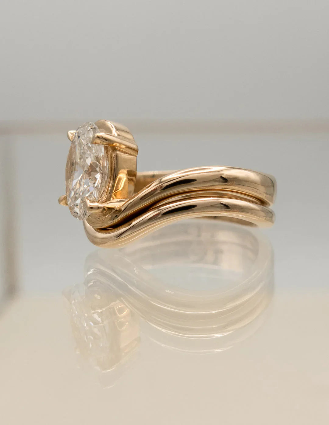 2.0CT Oval Lab Grown Diamond Unique Ring With Matching Curved Band