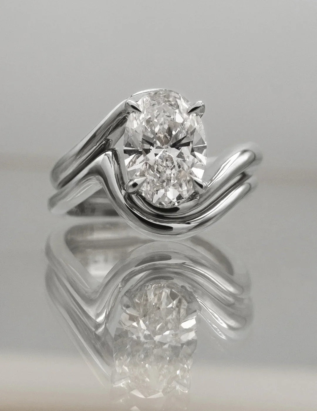2.0CT Oval Lab Grown Diamond Unique Ring With Matching Curved Band