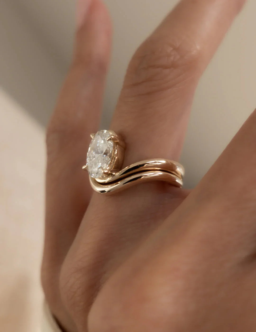 2.0CT Oval Lab Grown Diamond Unique Ring With Matching Curved Band