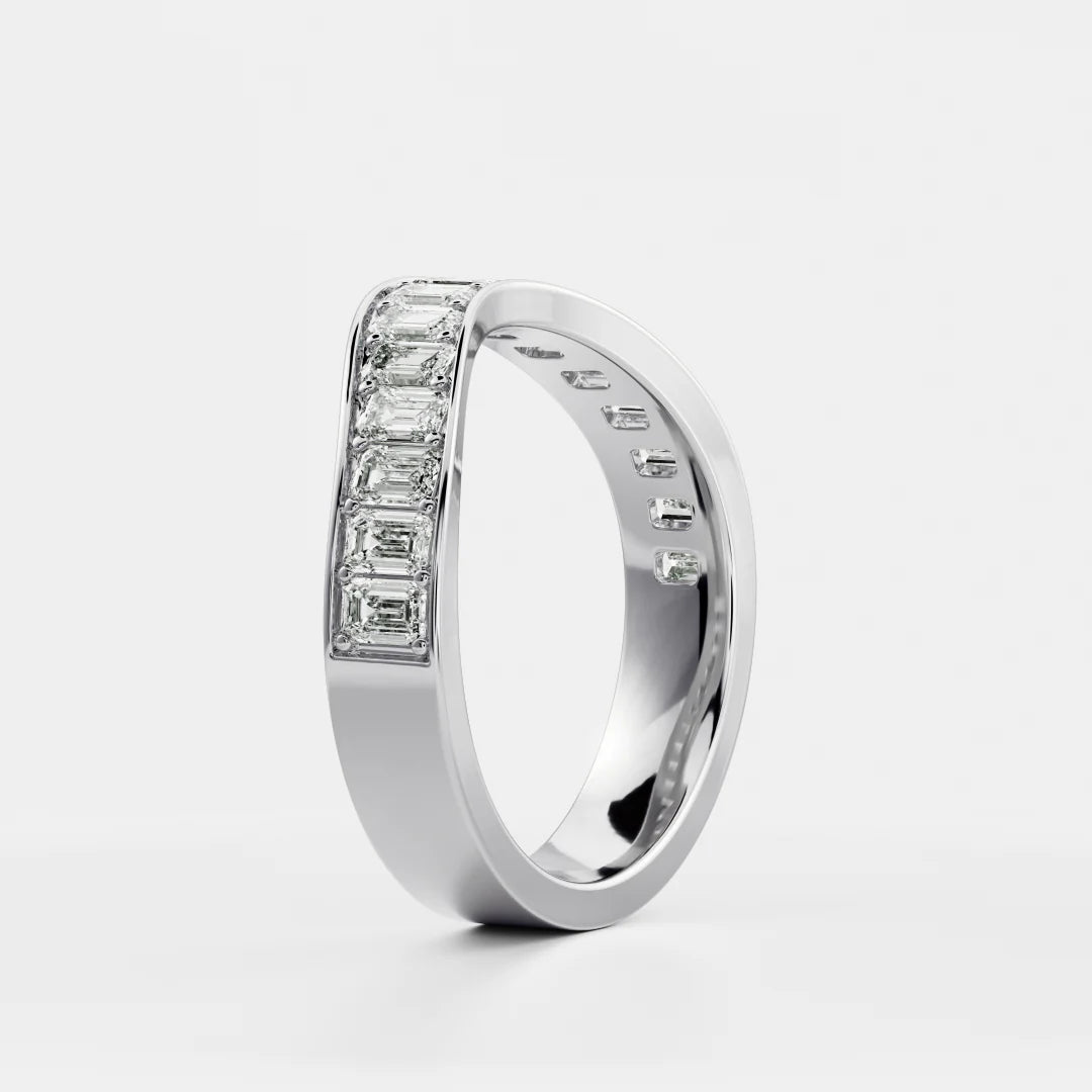 Channel Set Emerald Cut Lab Grown Diamond Curved Wedding Band