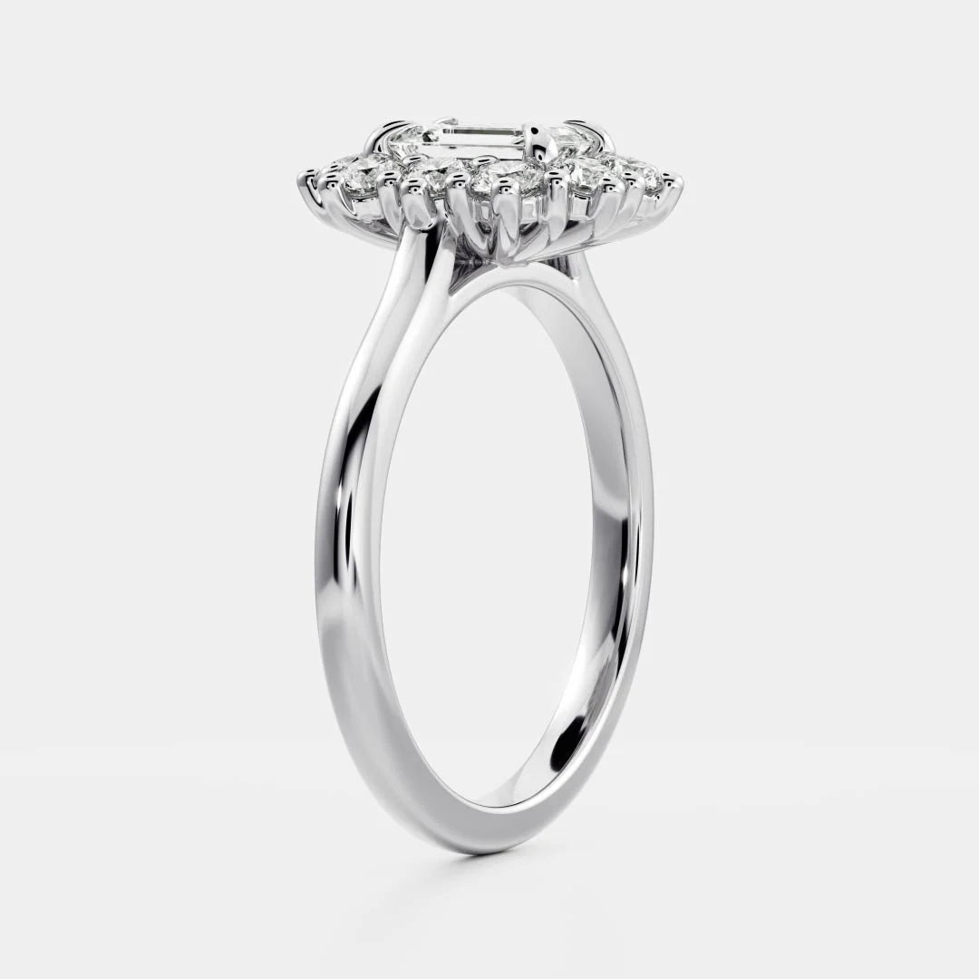 1.0CT Emerald Cut Lab Grown Diamond Halo Cluster Engagement Ring