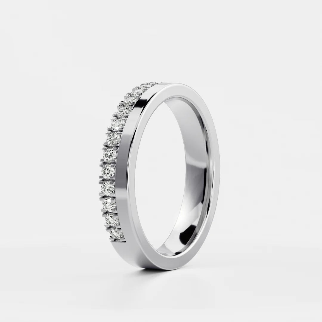 Round Lab Grown Diamond One Side Pave Flat Wedding Band