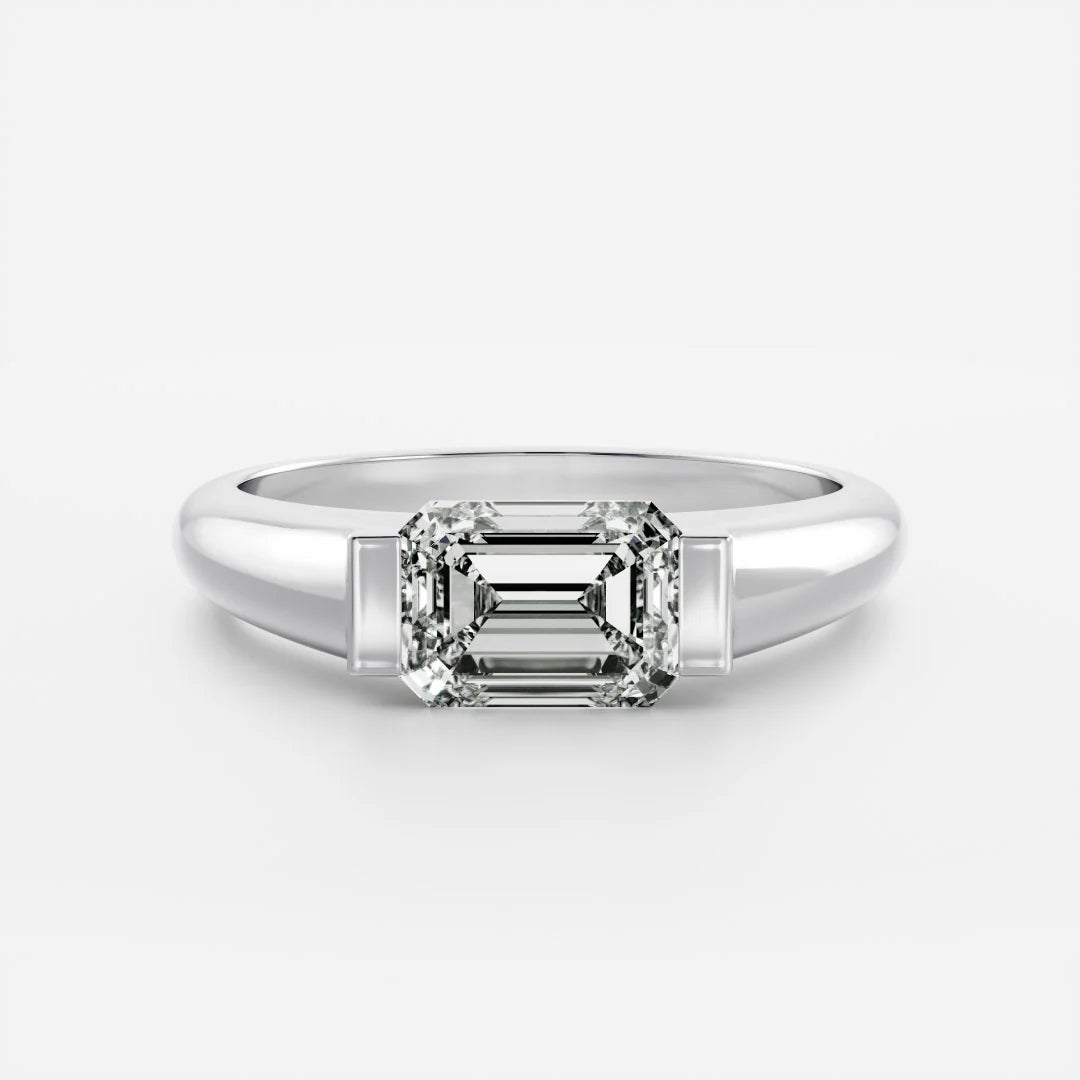 1.0CT East West Emerald Cut Lab Grown Diamond Half Bezel Signet Ring